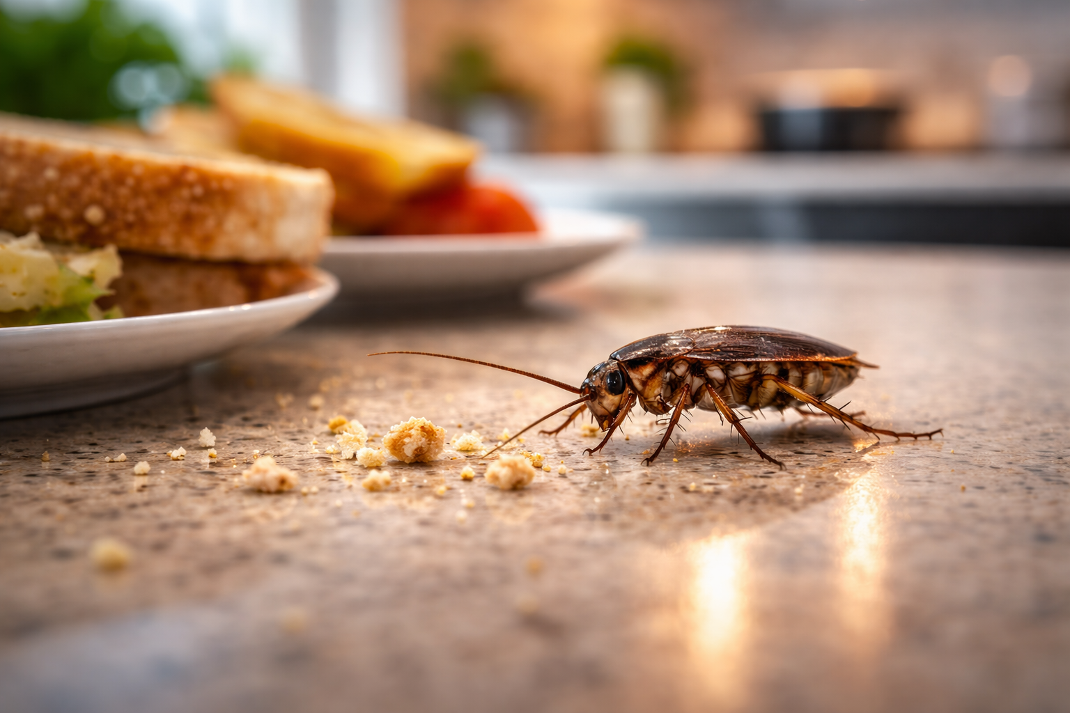 German cockroach contaminating kitchen counter near food crumbs in residential home