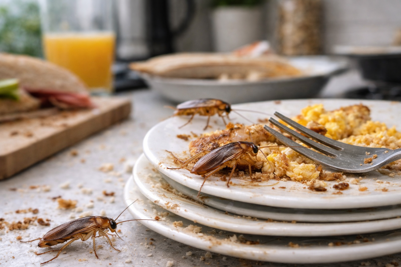 German cockroaches crawling on dirty dishes in Weston Florida kitchen