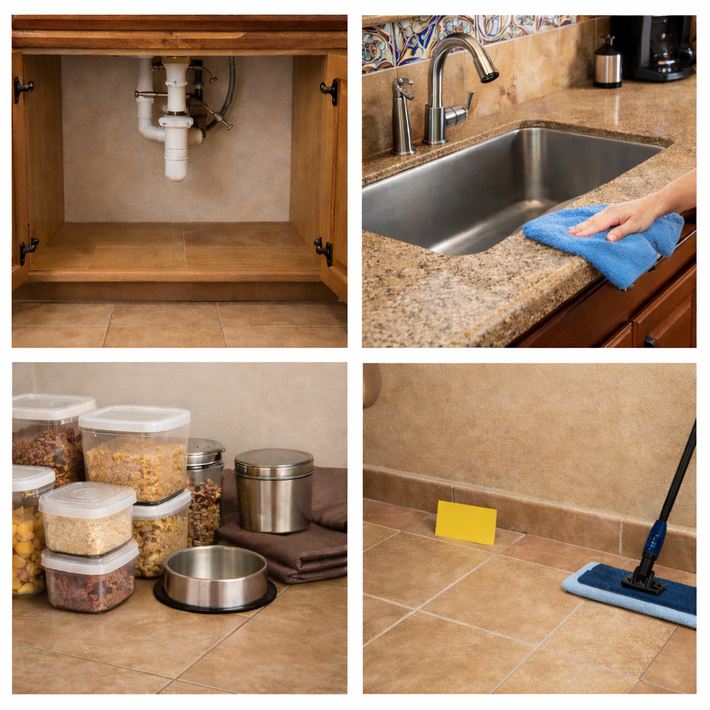 Four kitchen cleaning scenes: under sink, countertop with hand wiping, pantry, and mopping floor.