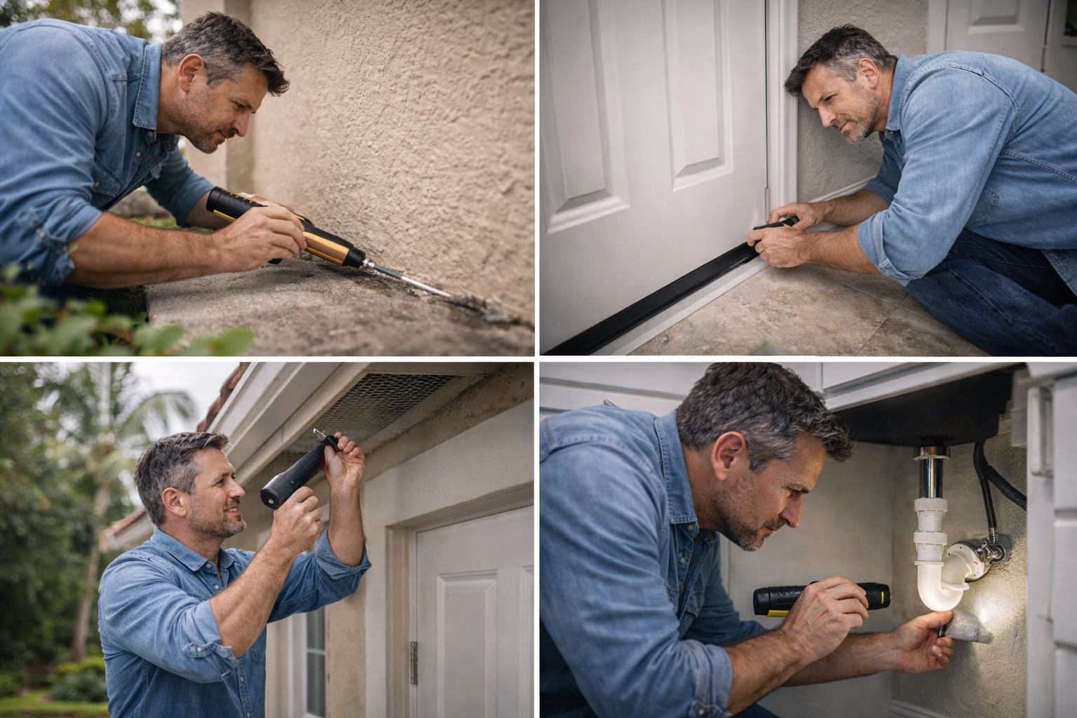 Man using a flashlight to inspect various areas of a home for potential issues.