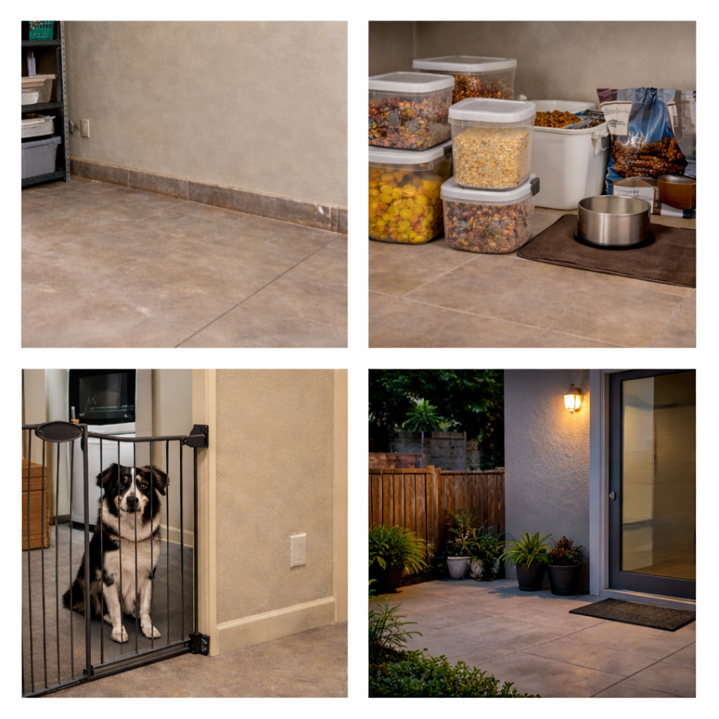 Four photos: empty room, dog food storage, dog behind a gate, illuminated patio.