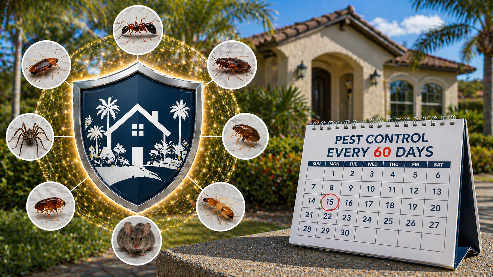 Pest control schedule every 60 days shown with calendar and home protection concept