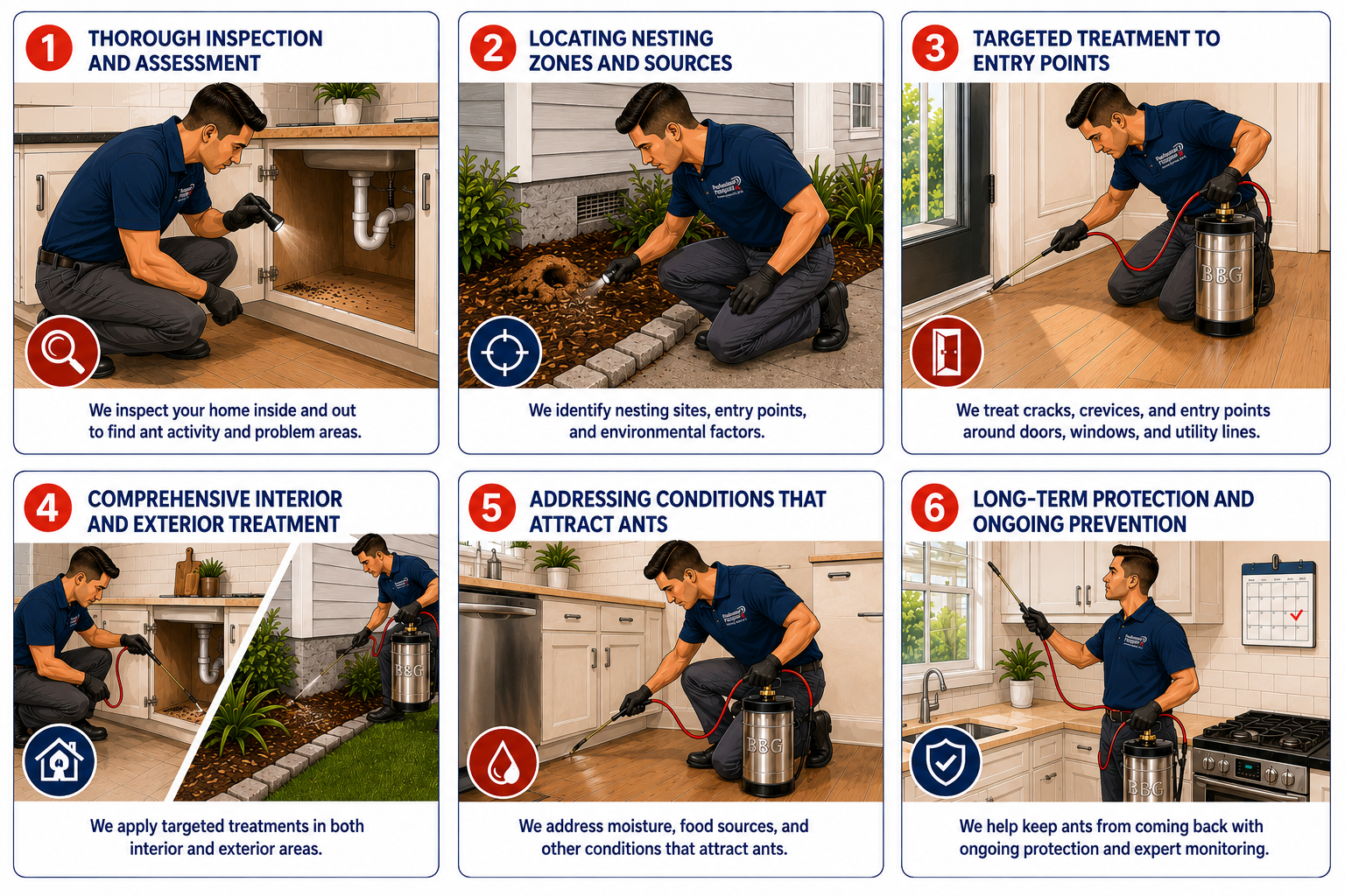 Illustration showing professional ant control inspection, treatment, and long-term prevention methods inside and outside a Florida home.