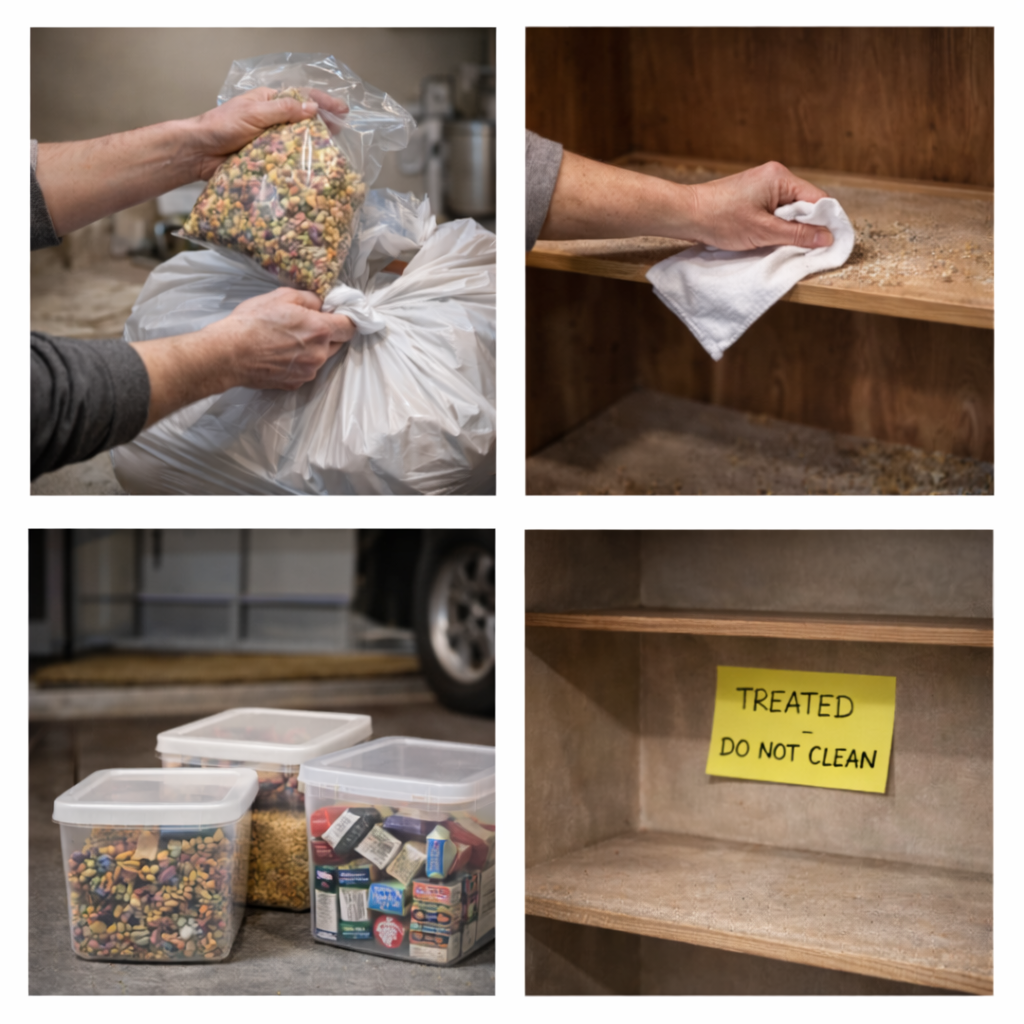 Four-panel sequence: bagging food, wiping dusty shelf, storing food in containers, treated shelf with 