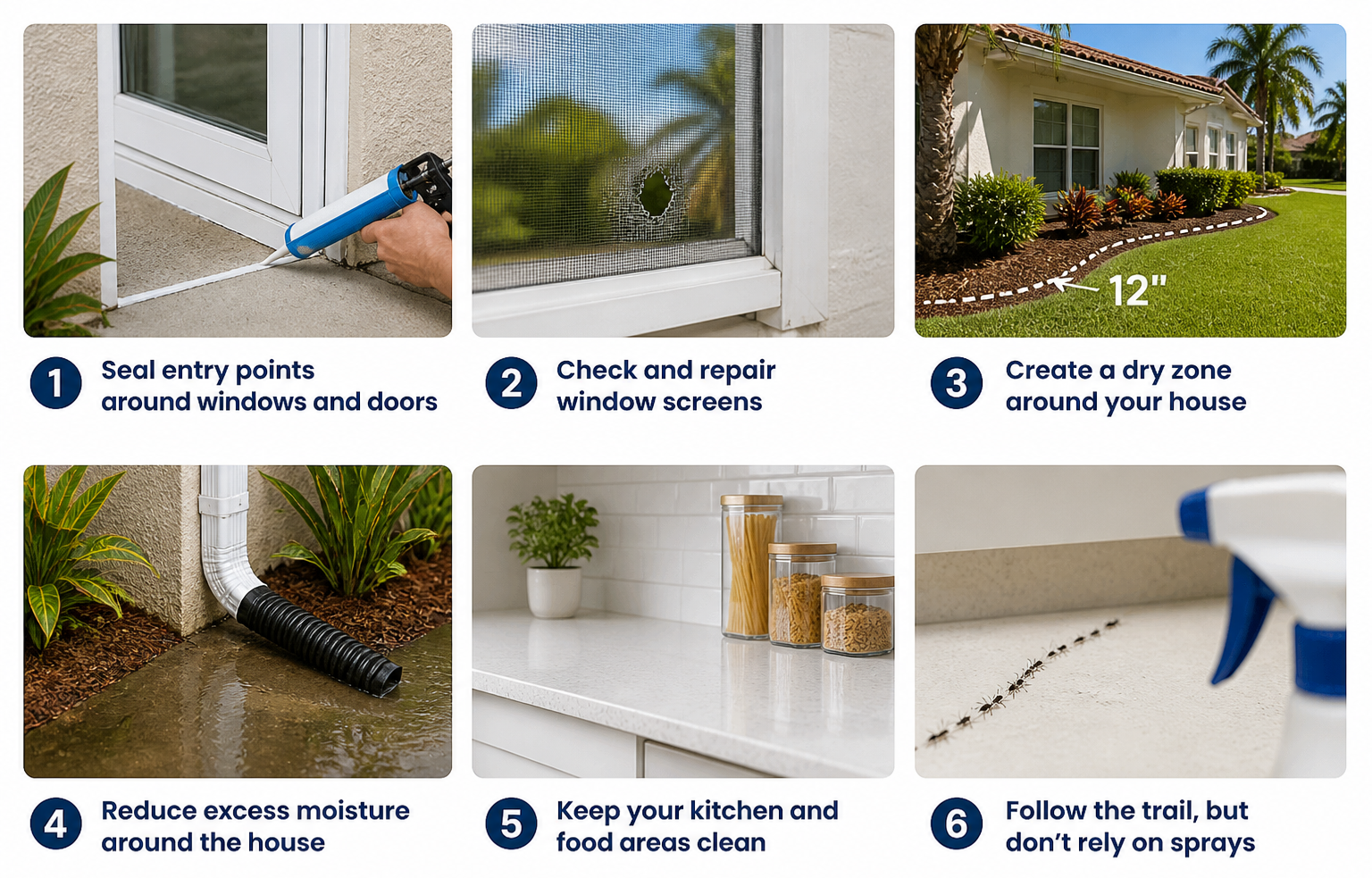 How to prevent ants from entering your home after rain in South Florida including sealing entry points, repairing window screens, reducing moisture, and keeping kitchen areas clean