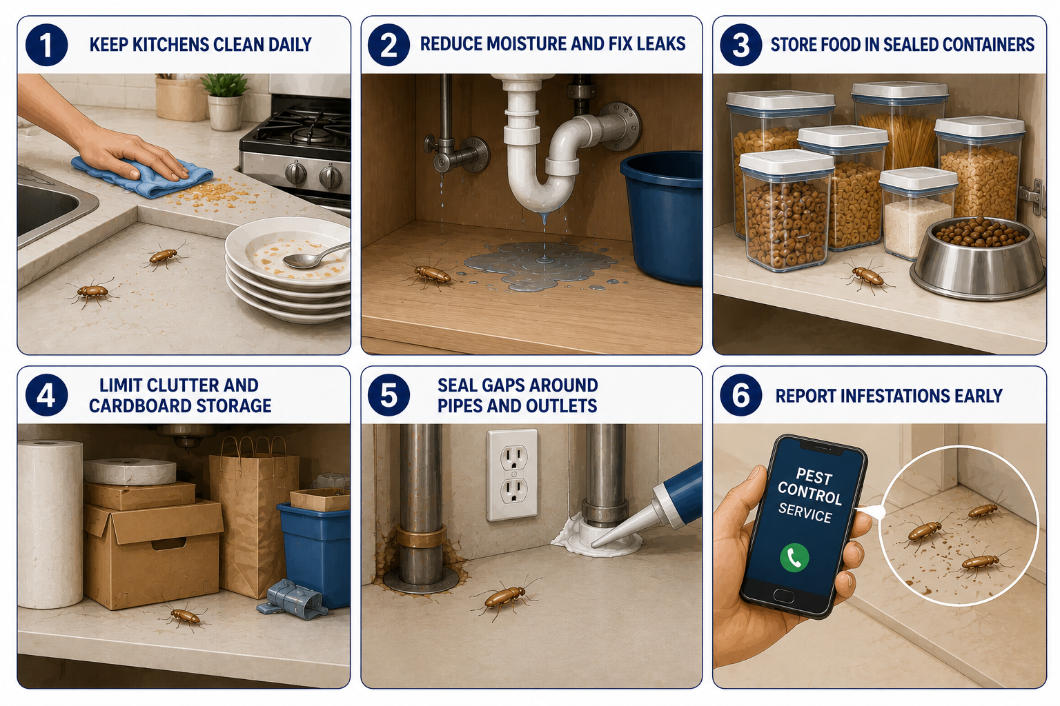 Illustration showing tips to help prevent German roaches in apartment buildings, including cleaning kitchens, fixing leaks, and sealing gaps.