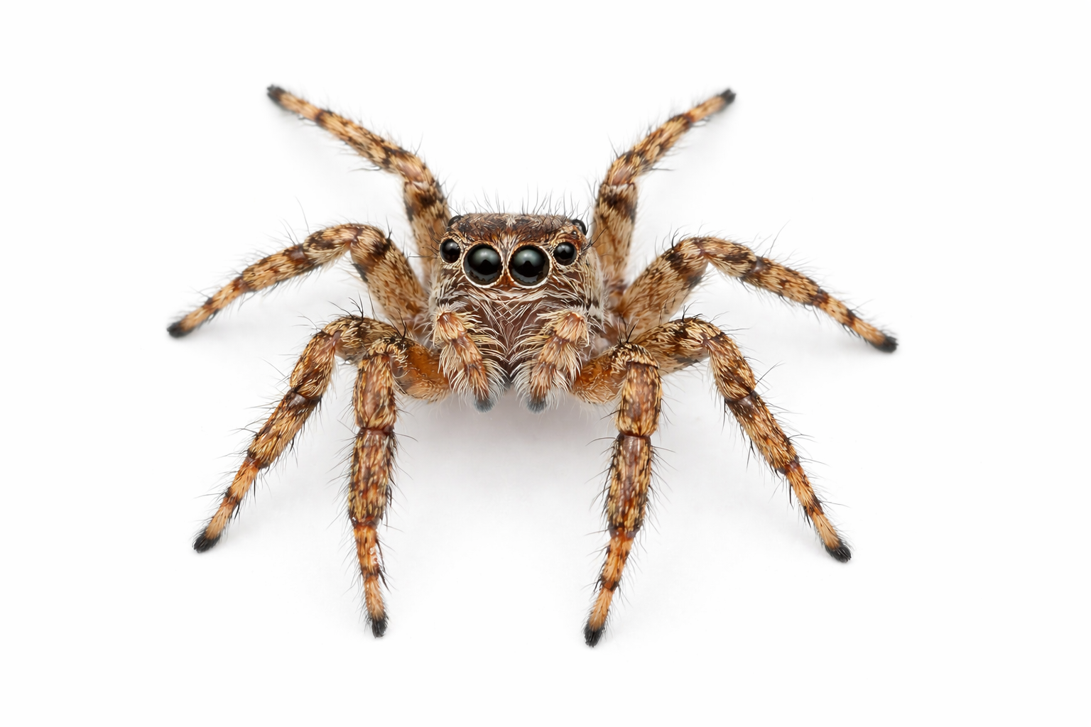 Brown jumping spider on white background.
