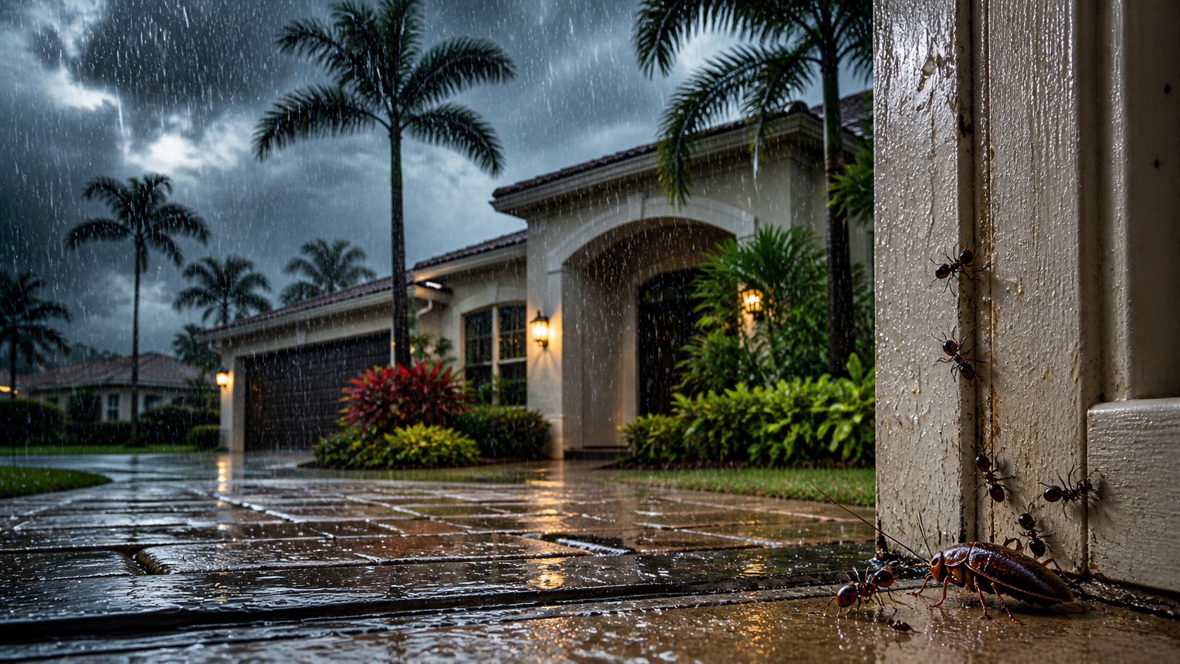 Ants and cockroaches entering a South Florida home during heavy rain as they seek dry shelter indoors.