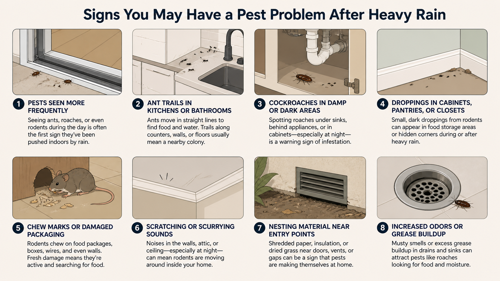 Signs of pest infestation after rain in South Florida, including ant trails, cockroaches under sinks, and rodent damage inside homes.