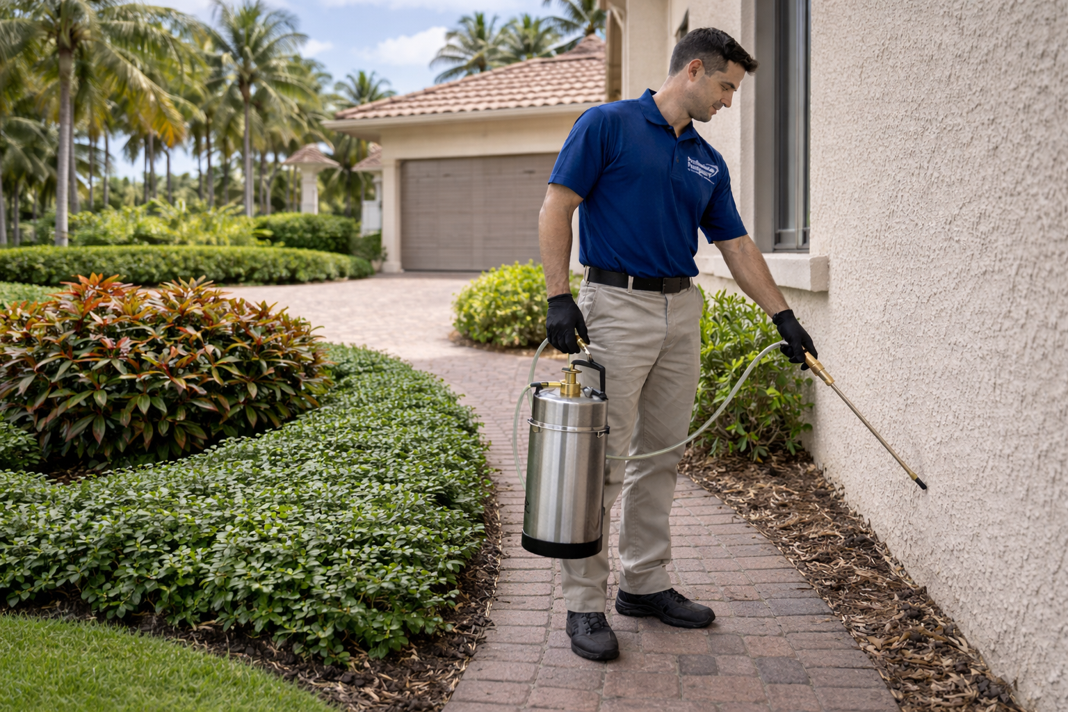 Pest control technician spraying insecticide on a building's exterior near a garden.