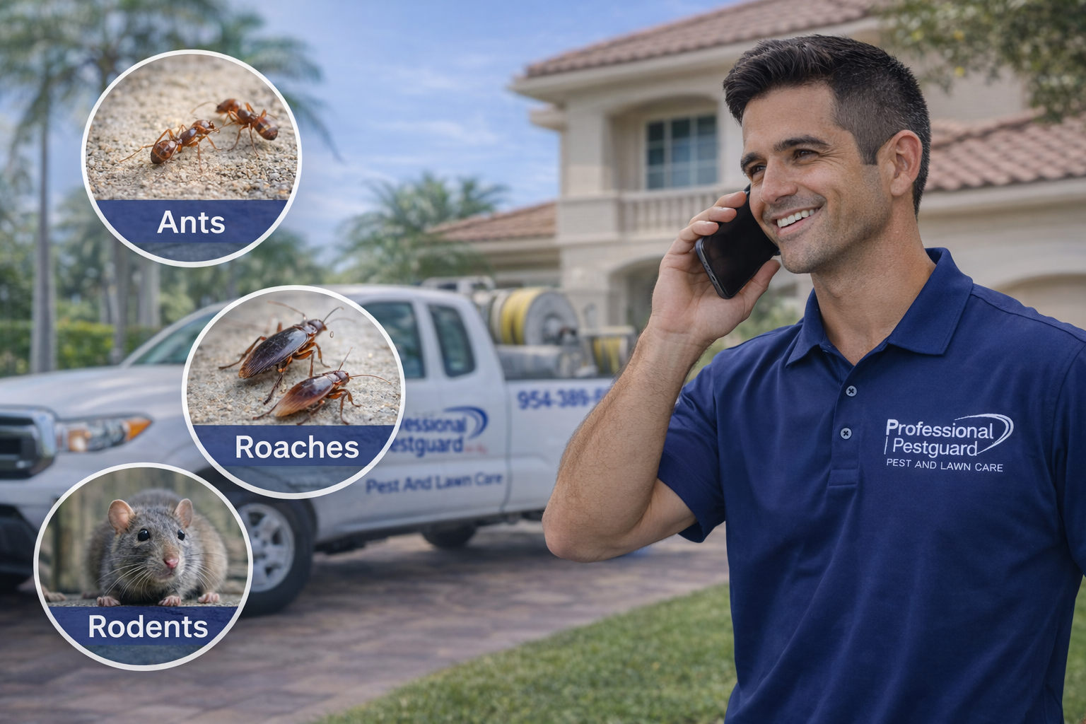 Man on phone in front of a pest control truck.  Circular inset images show ants, roaches, and a rodent.