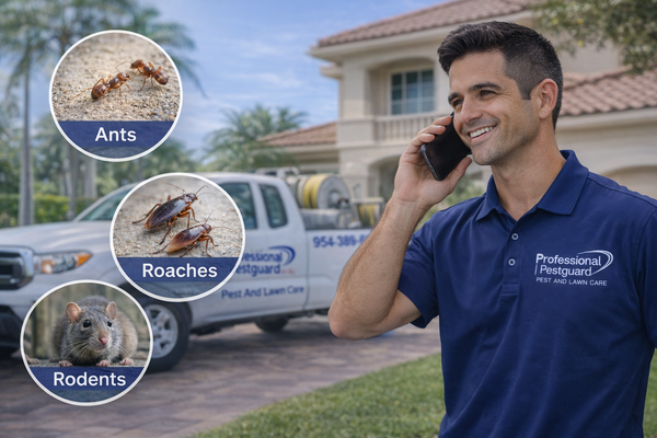 Man on phone in front of a pest control truck.  Circular inset images show ants, roaches, and a rodent.