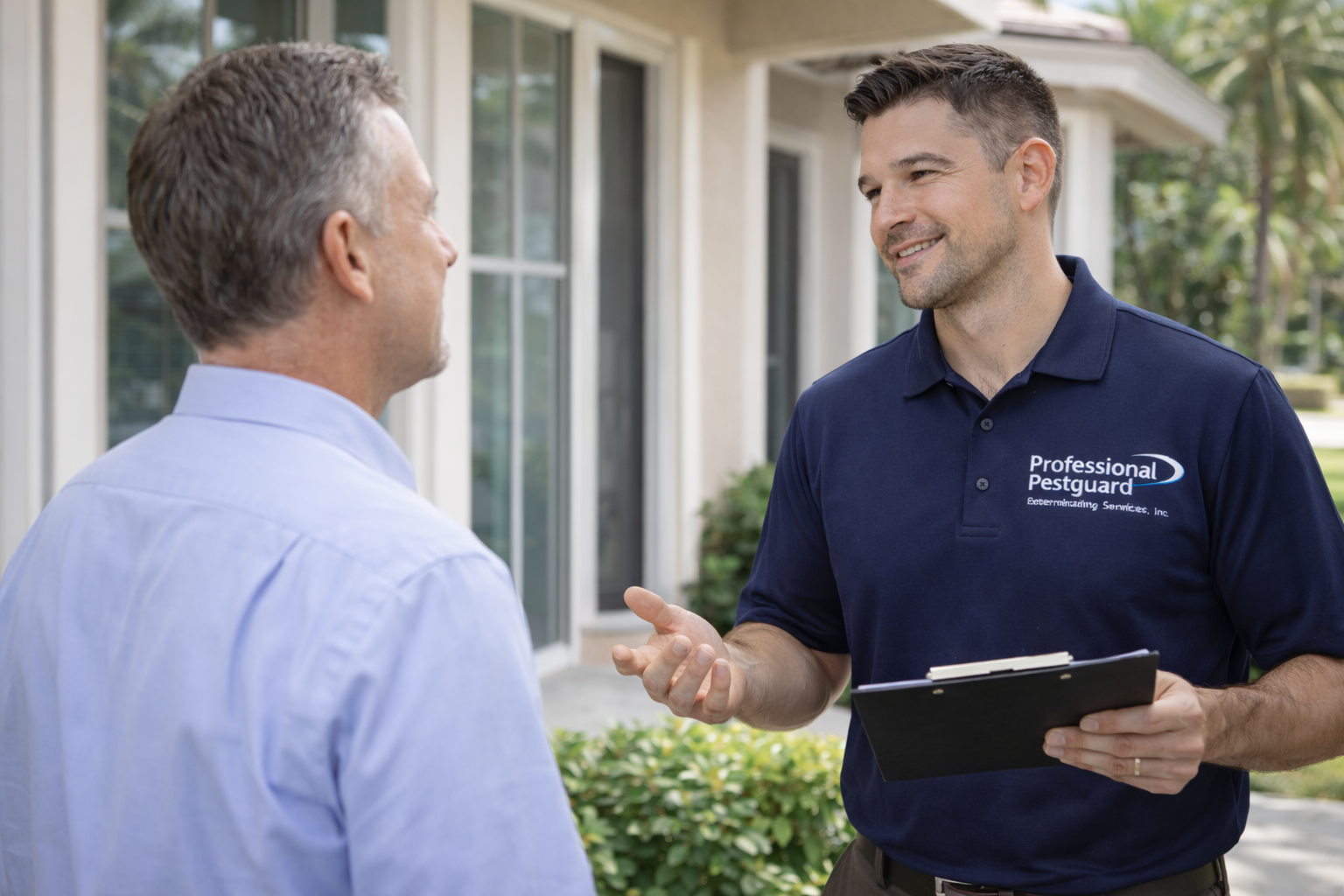 Man in blue shirt, holding clipboard, talking to another man outside a house.