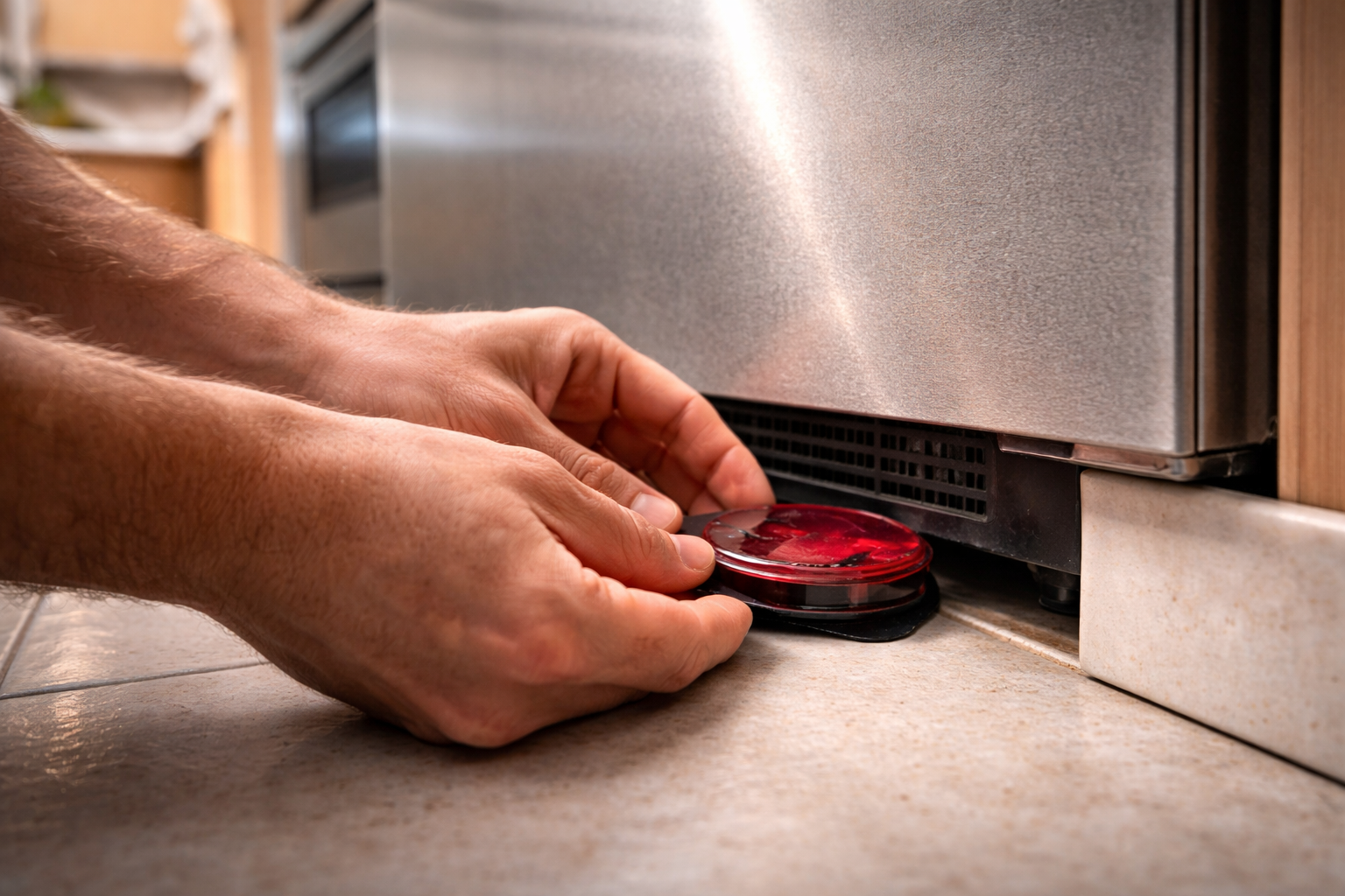 Hands placing a red sensor under a stainless steel appliance, likely for leak detection, in a kitchen.