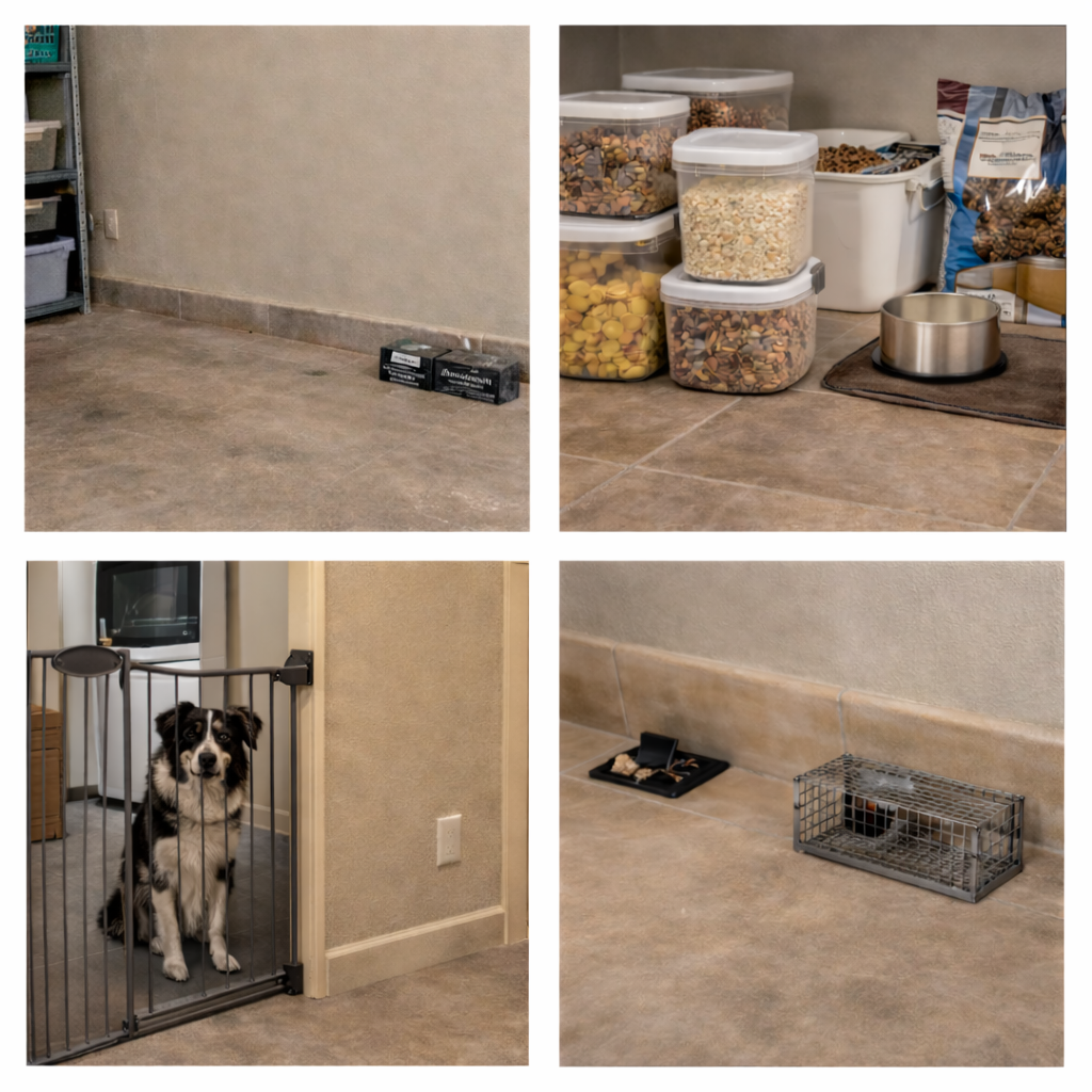 Four-panel image showing pet supplies, a dog behind a gate, and a mouse trap.