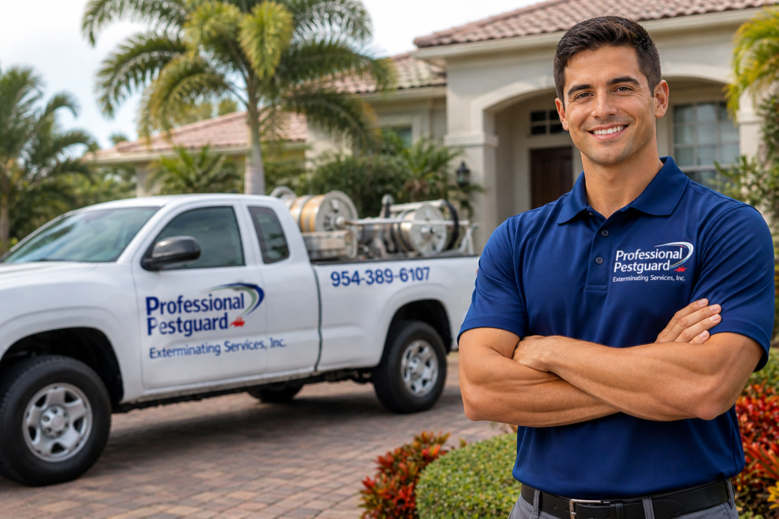 Ant control technician in Weston FL standing in front of a home with pest control truck providing residential pest control service