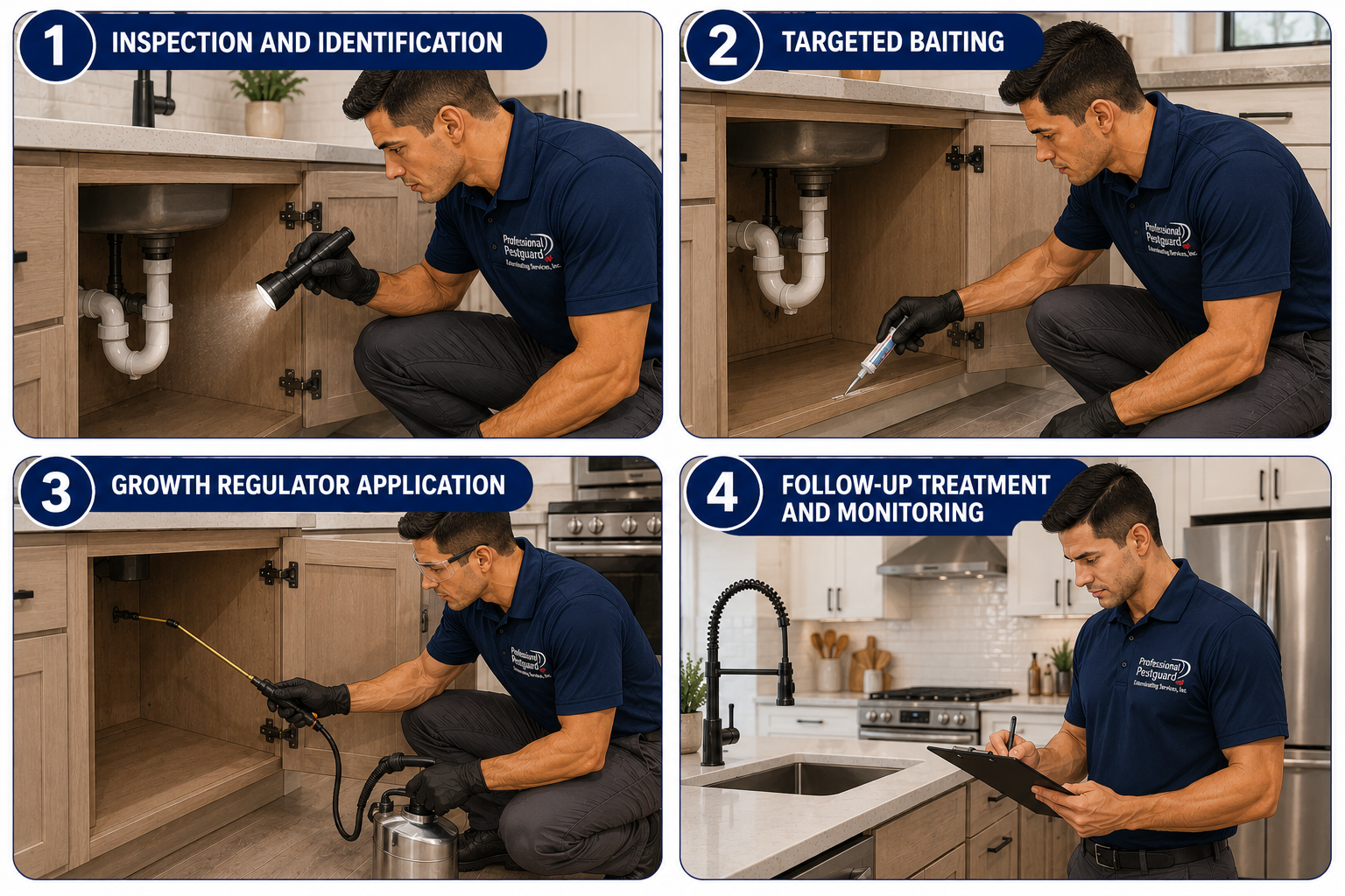 Illustration showing the professional German roach treatment process, including inspection, baiting, growth regulators, and follow-up monitoring.
