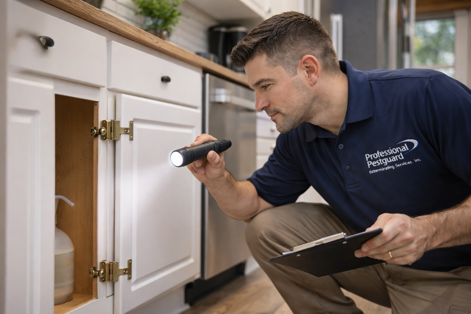 Man inspecting a kitchen cabinet with a flashlight.