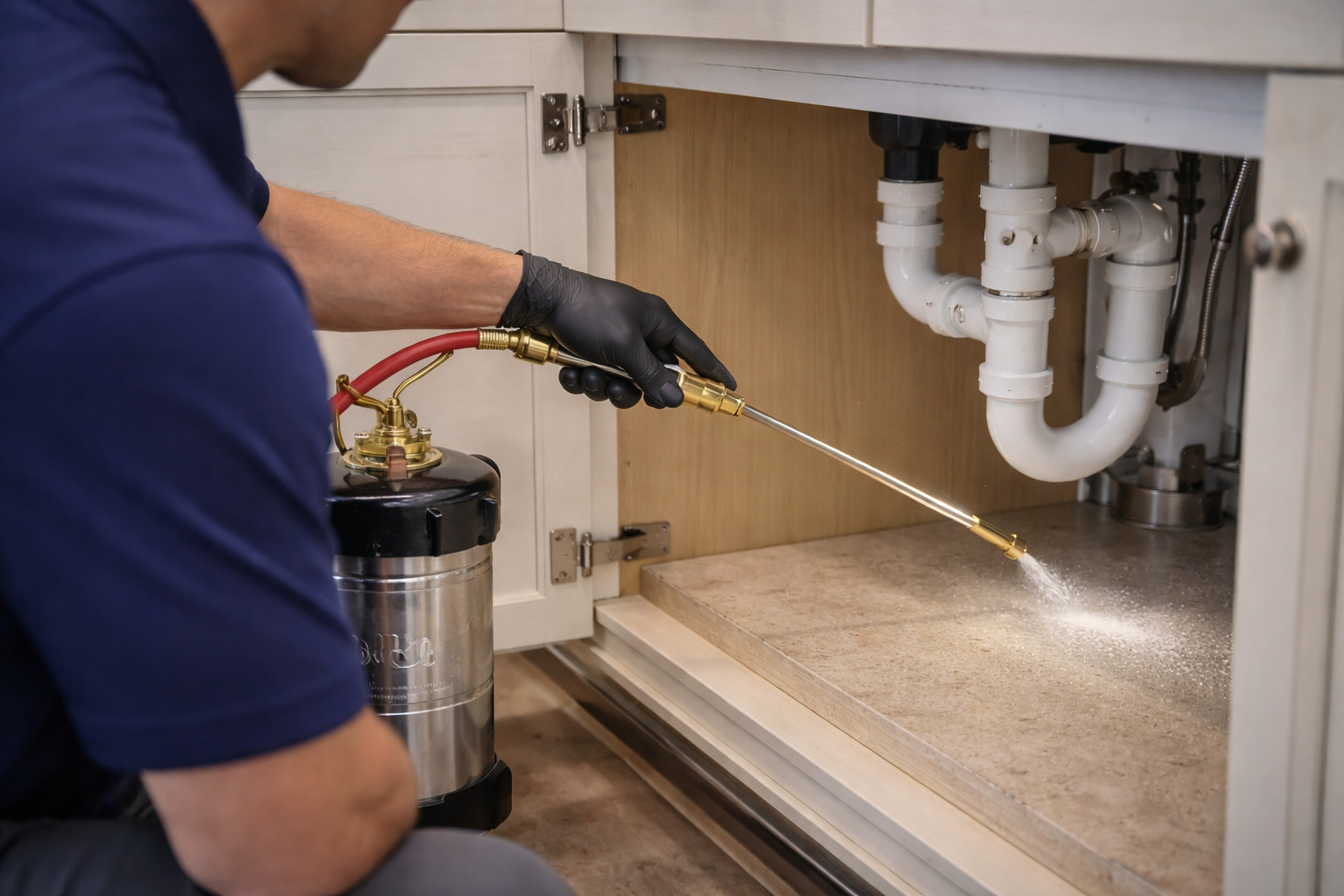 Pest control technician spraying under a kitchen sink.