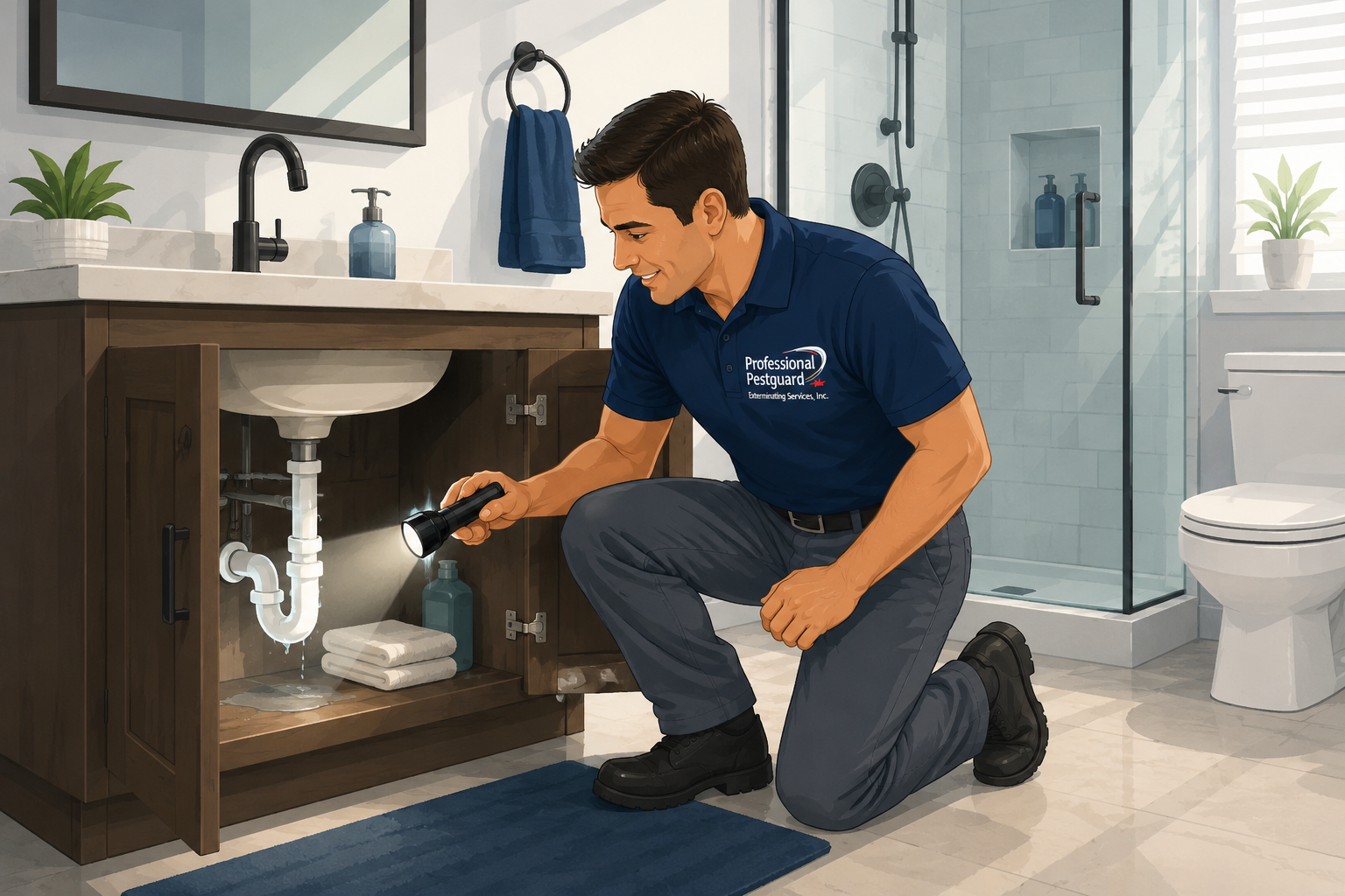 Technician inspecting bathroom plumbing for silverfish activity.