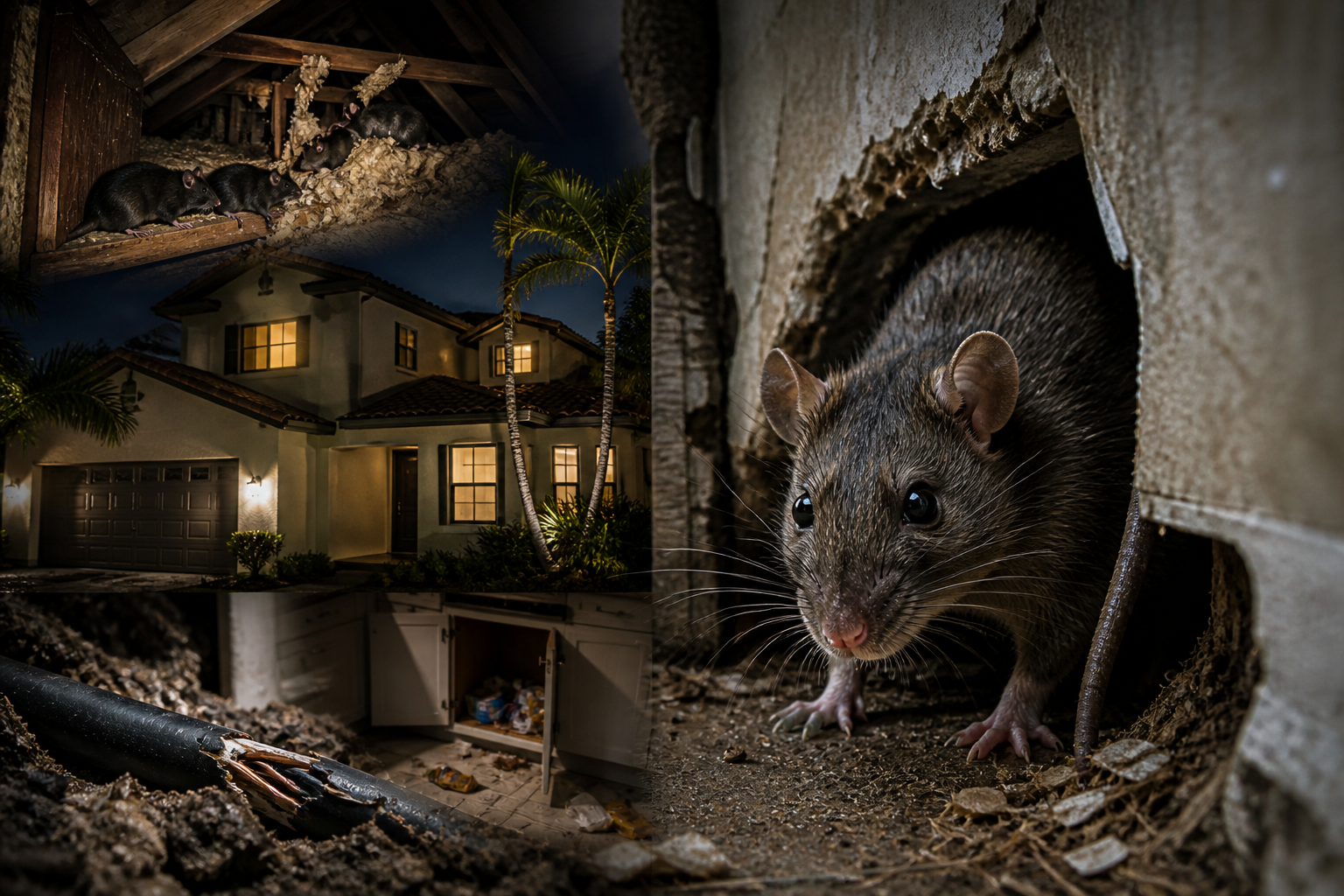 Close-up of a rat entering a home through a wall with signs of infestation in a South Florida house 