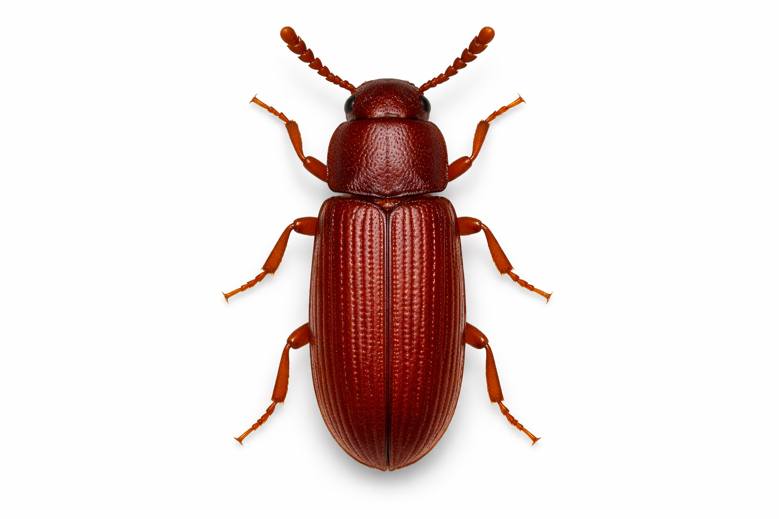 Brown, small beetle with segmented body and legs, on white background.