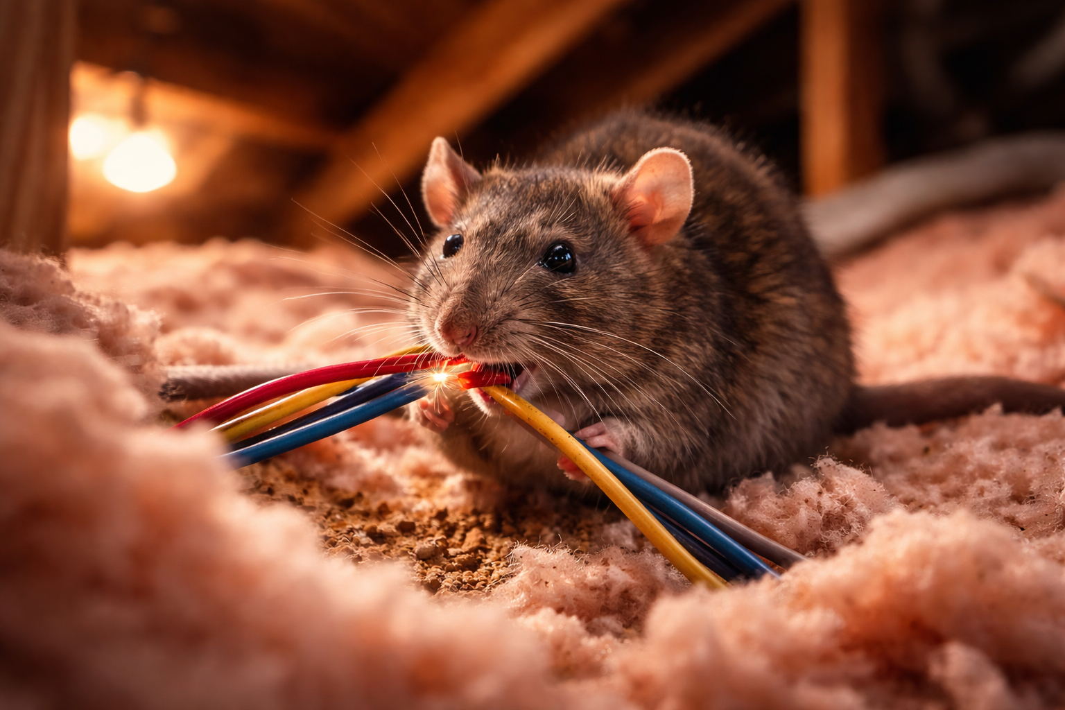 Rodent chewing electrical wires inside attic insulation causing structural and fire risk in residential home