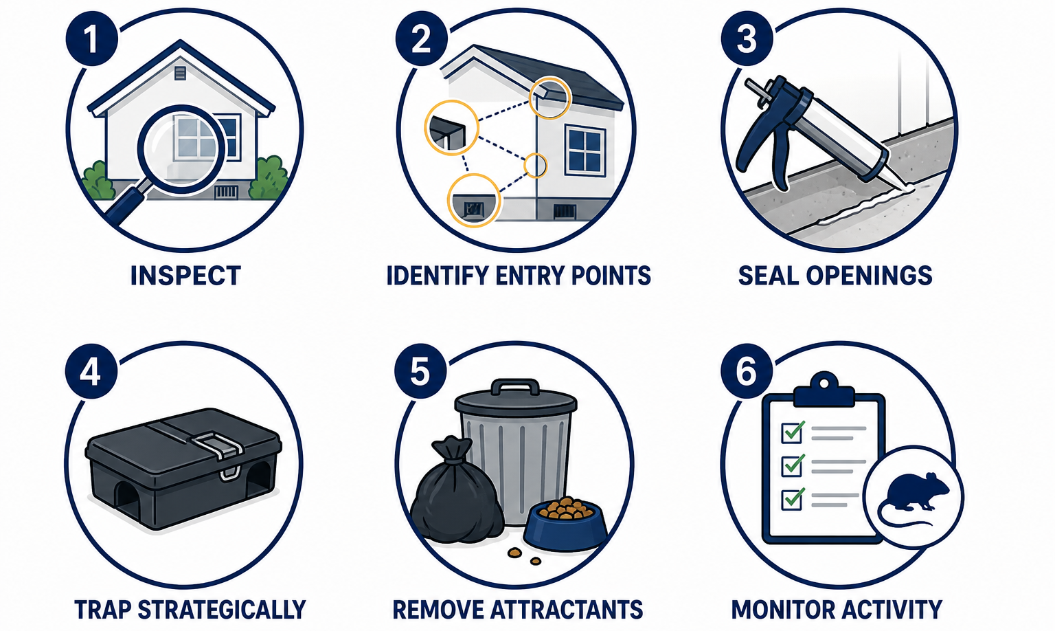 Infographic showing six steps of effective rodent control including inspection, identifying entry points, sealing openings, trapping, removing attractants, and monitoring activity