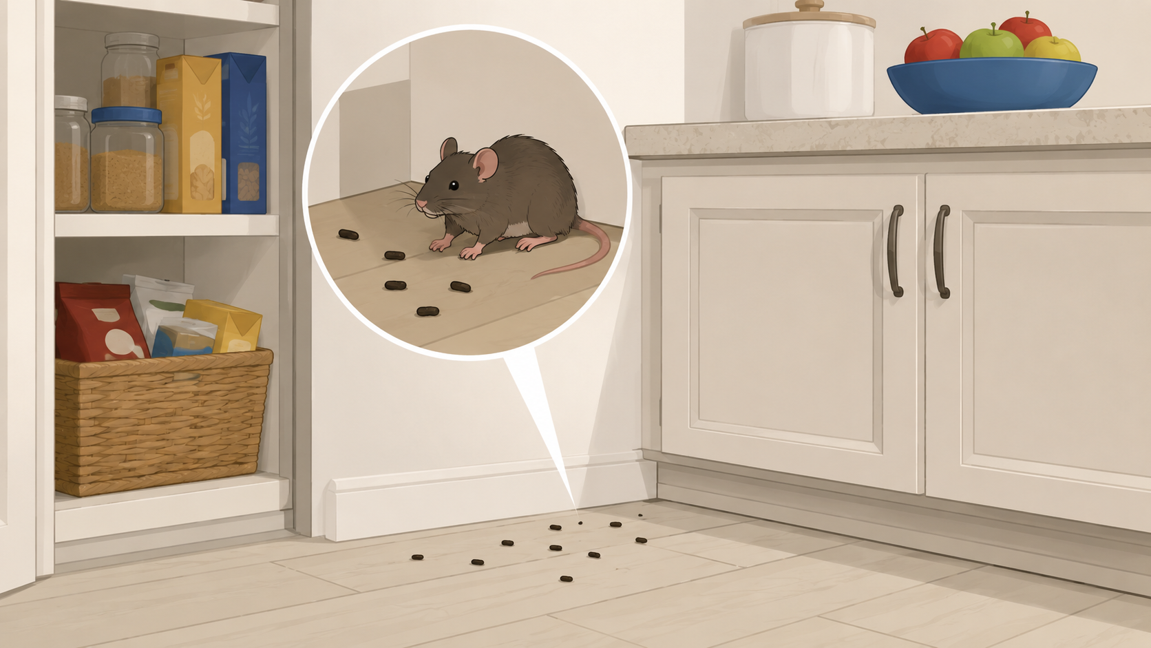 Illustration of rodent droppings found near a kitchen pantry floor inside a home