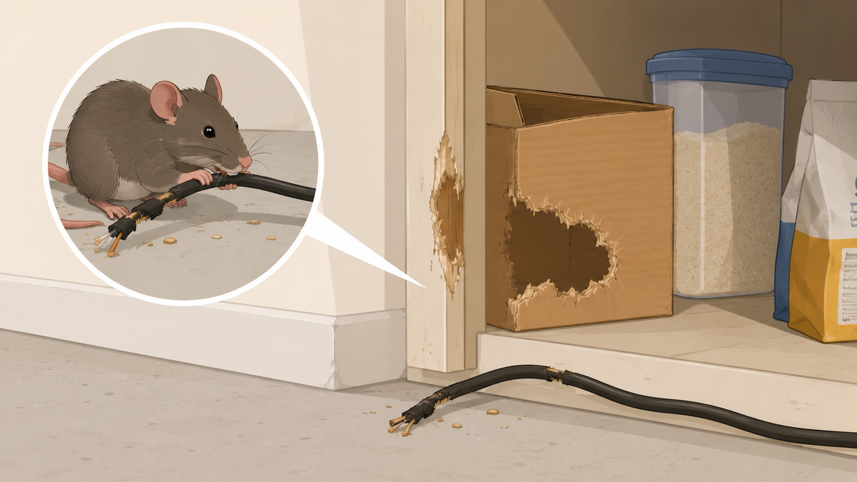 Illustration of rodent gnaw marks on wires, wood, and cardboard inside a home
