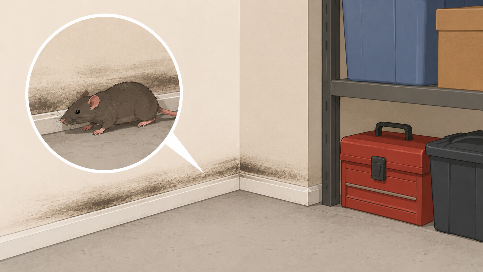Illustration of rodent grease marks and smudge trails along interior walls and baseboards
