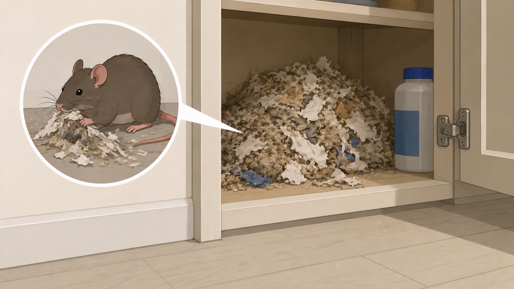 Illustration of shredded nesting materials caused by rodents inside a home cabinet