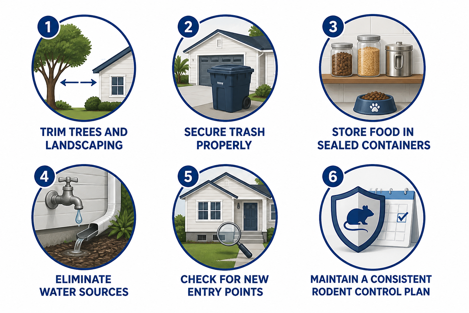 Infographic showing rodent prevention tips including trimming trees, securing trash, sealing food, eliminating water sources, checking entry points, and maintaining a rodent control plan