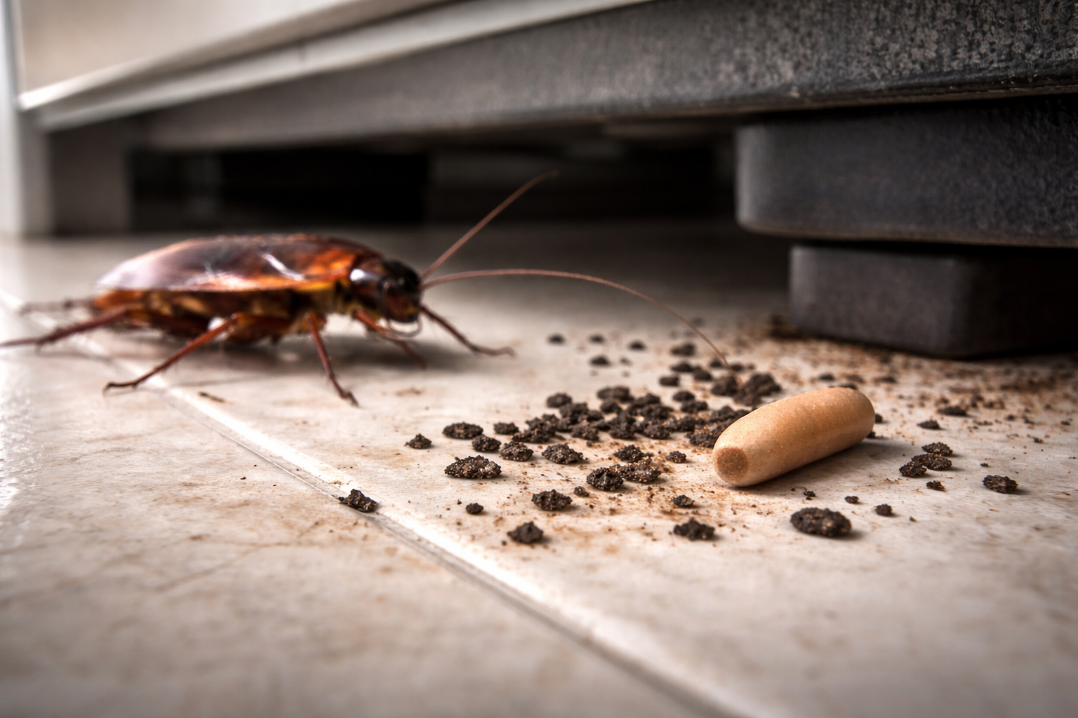 Cockroach on floor near droppings and an egg casing under appliance.