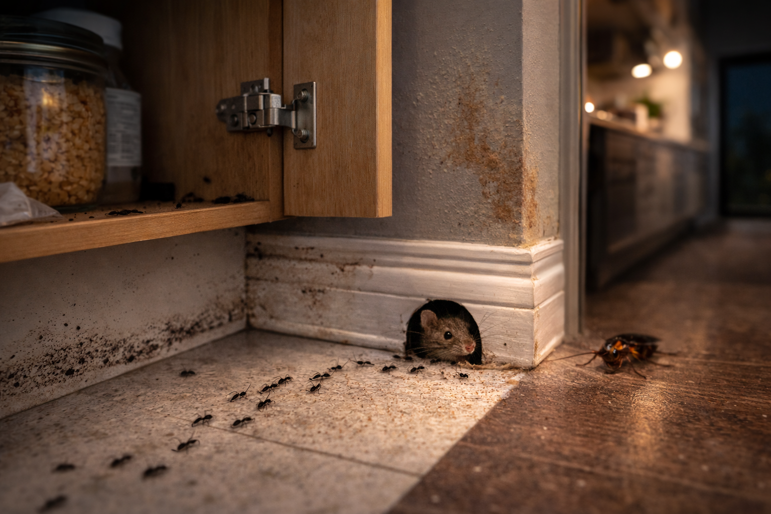Common signs of pest infestation in a home including rodent droppings, ant trail along baseboard, mouse hole, and cockroach activity