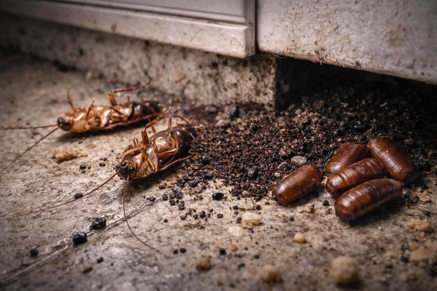 Dead cockroaches and cockroach egg casings near a wall, suggesting an infestation.
