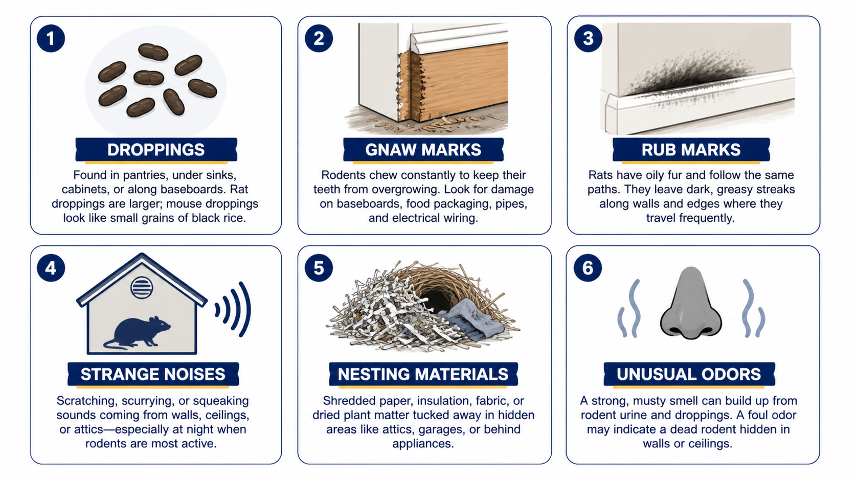 Infographic showing common signs of a rodent infestation including droppings, gnaw marks, rub marks, noises, nesting materials, and unusual odors in homes