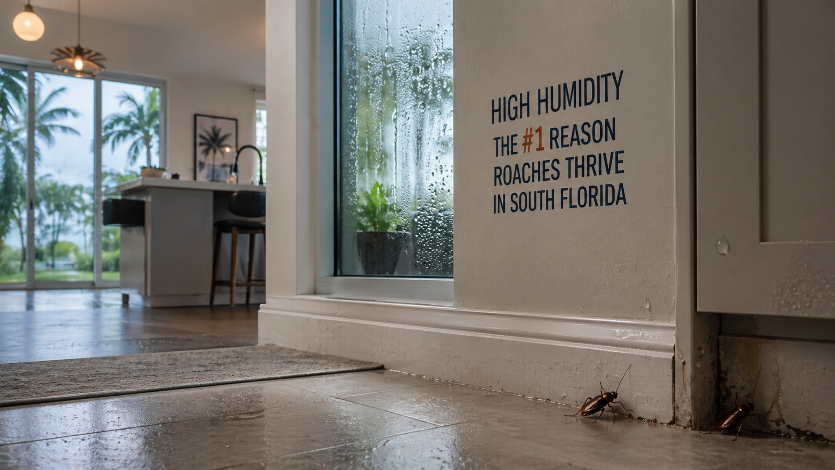 Cockroaches inside a humid South Florida home with condensation and moisture buildup near baseboards showing how humidity attracts roaches