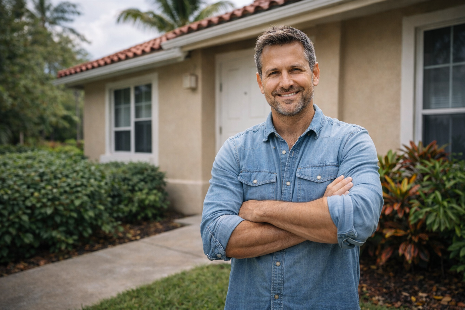 Man with arms crossed smiling in front of a tan house with red roof.