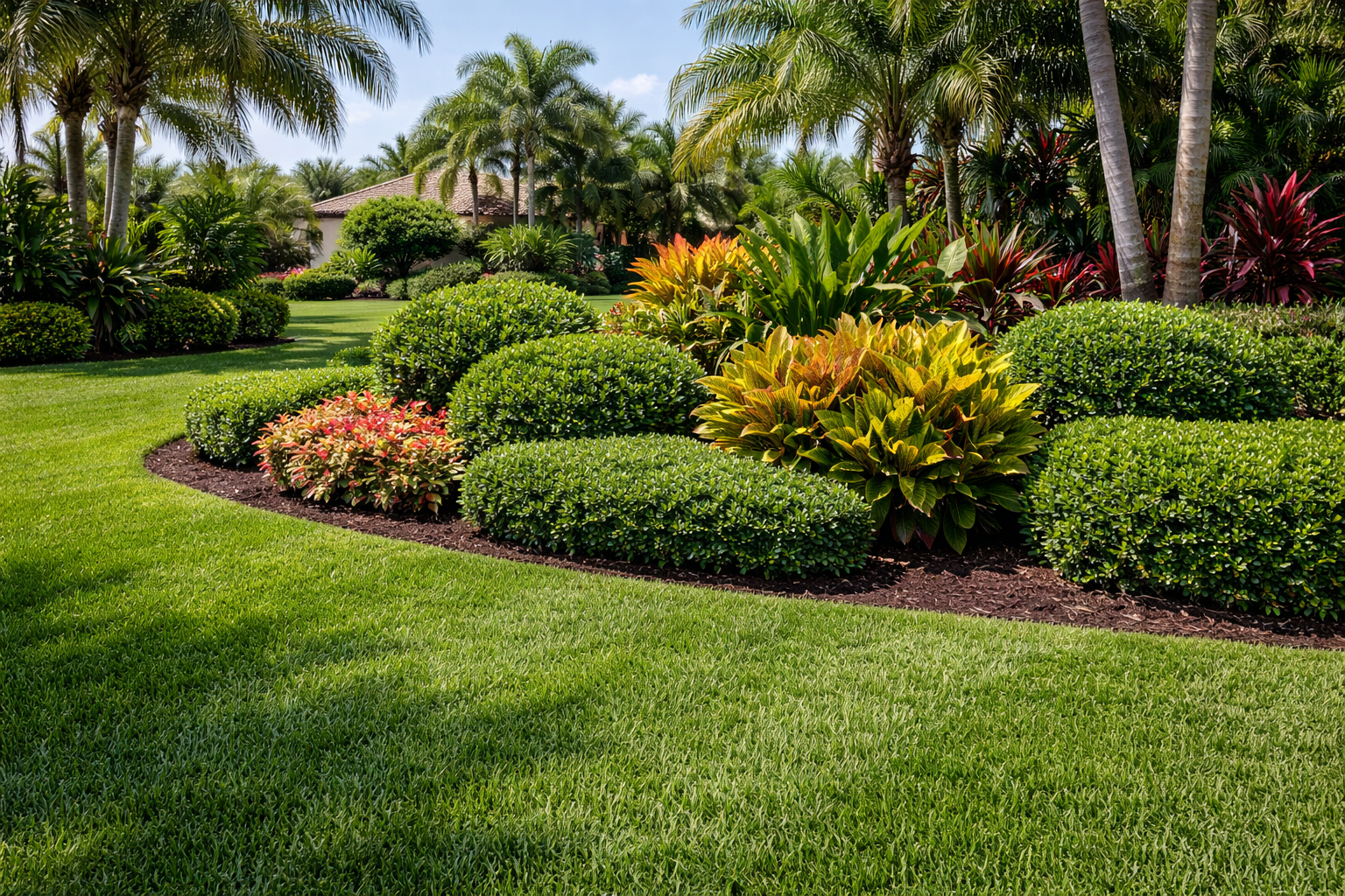 Lush green lawn with a curved flower bed filled with trimmed shrubs and colorful plants; palm trees in the background.