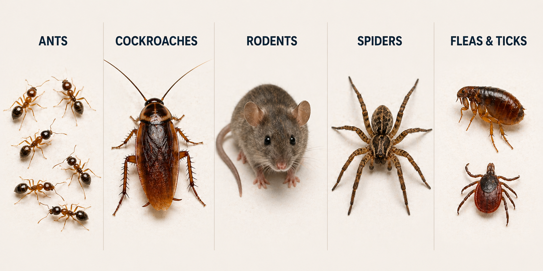 Common pests in South Florida homes including ants, cockroaches, rodents, spiders, fleas, and ticks infographic