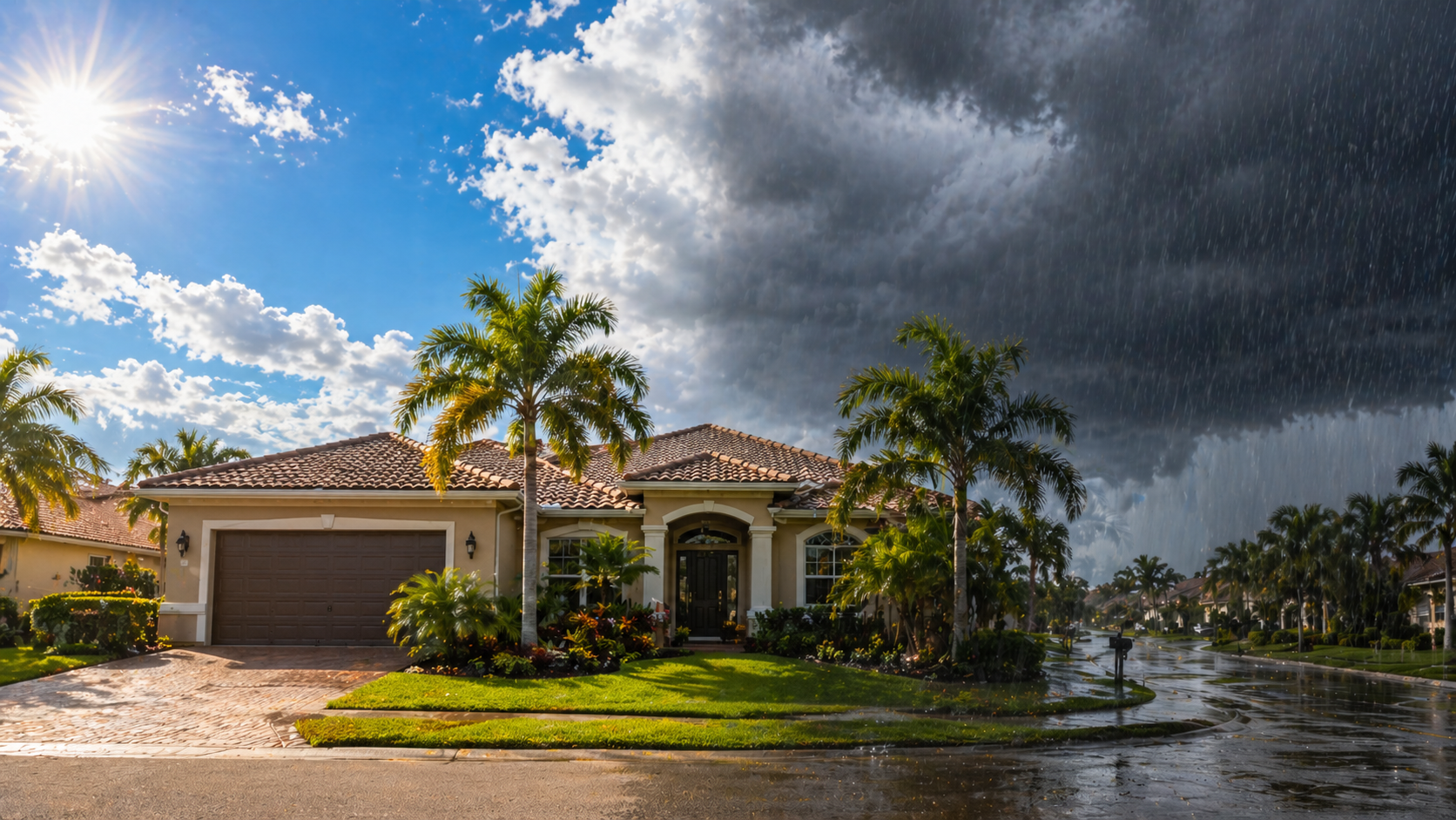 South Florida residential home with sun and rain split weather, showing conditions that increase pest activity year-round