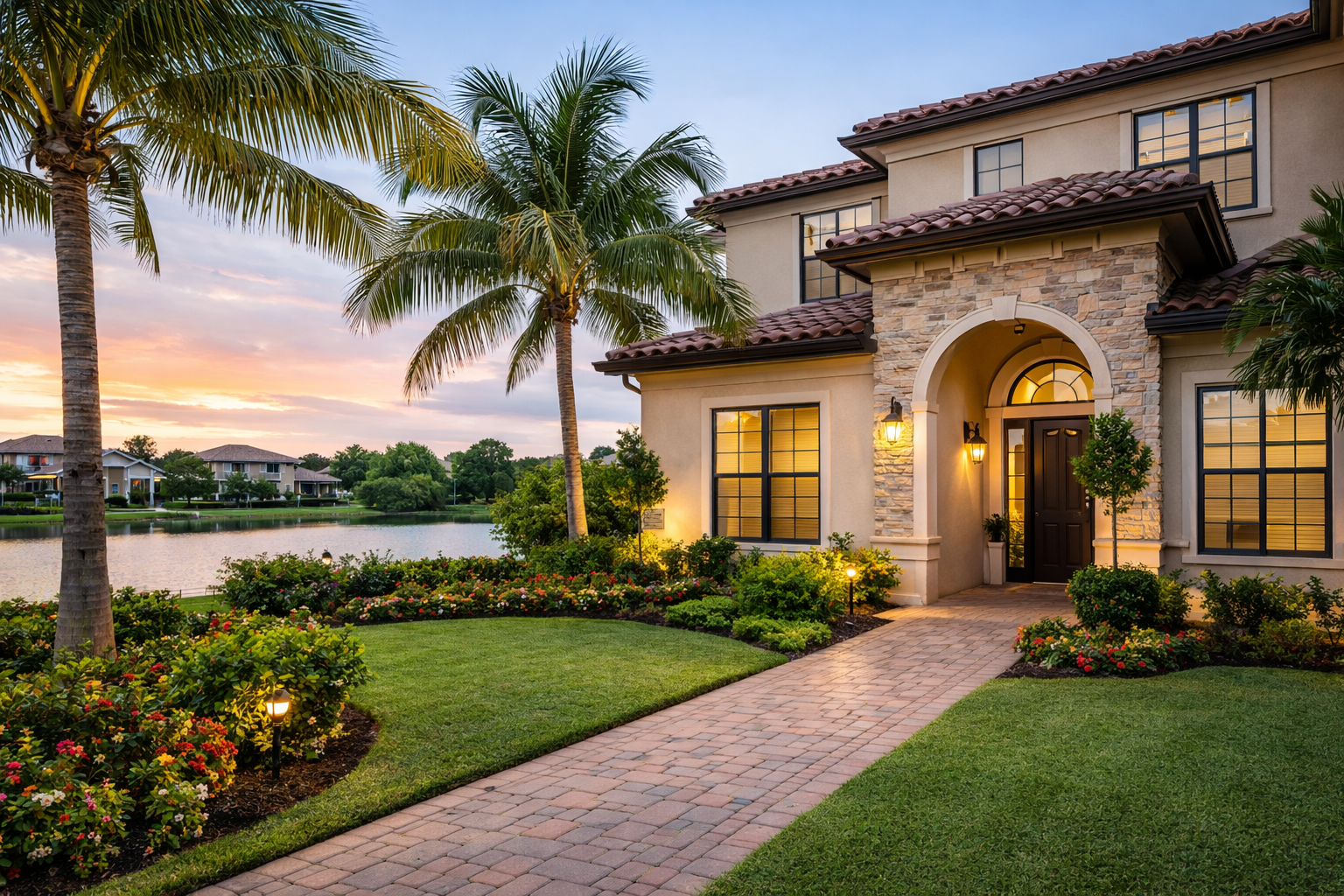 Luxurious two-story home with a brick pathway, lush green lawn, and palm trees beside a lake at sunset.