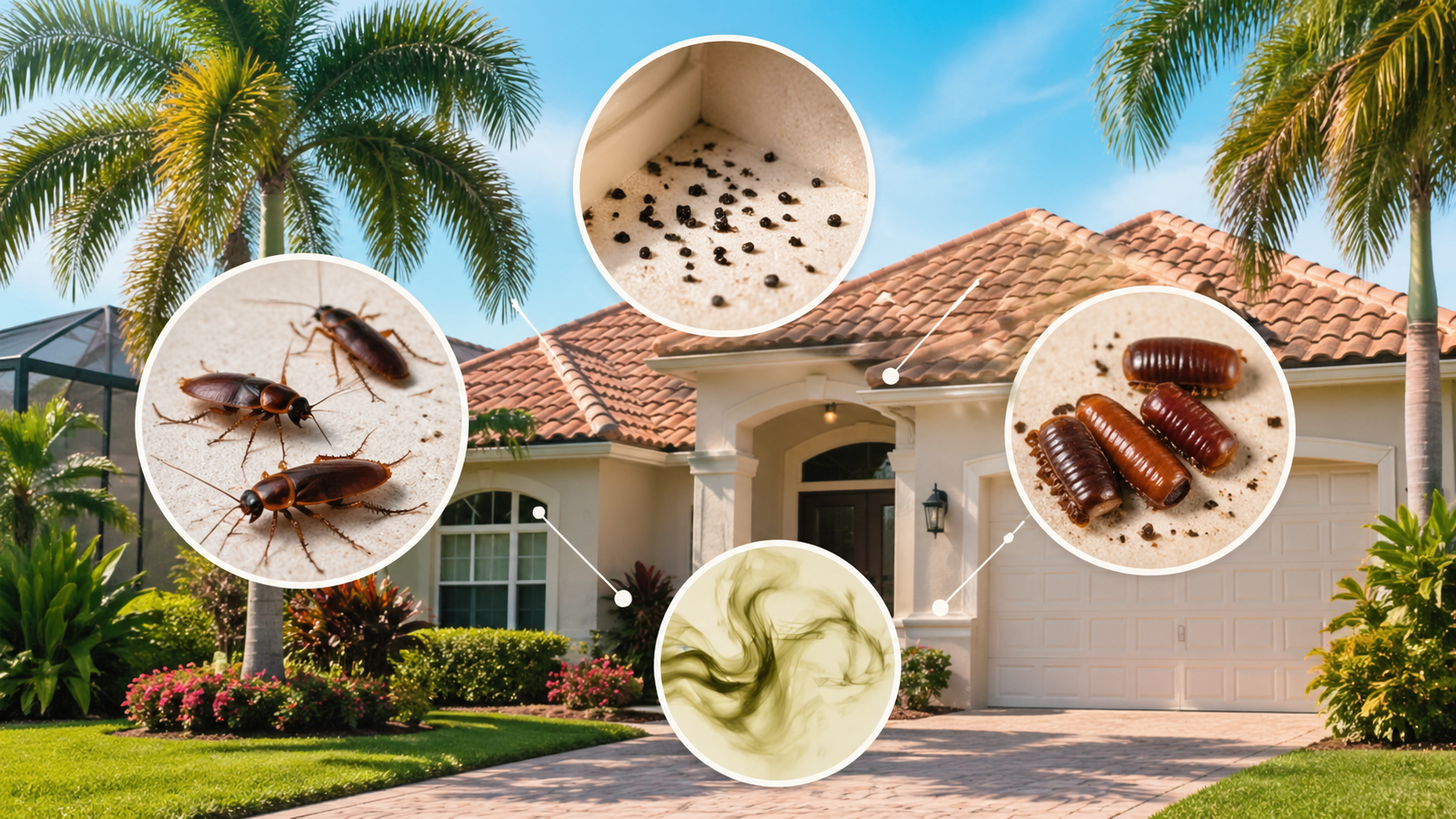 Suburban house with palm trees and inset pest images showing insects damage.