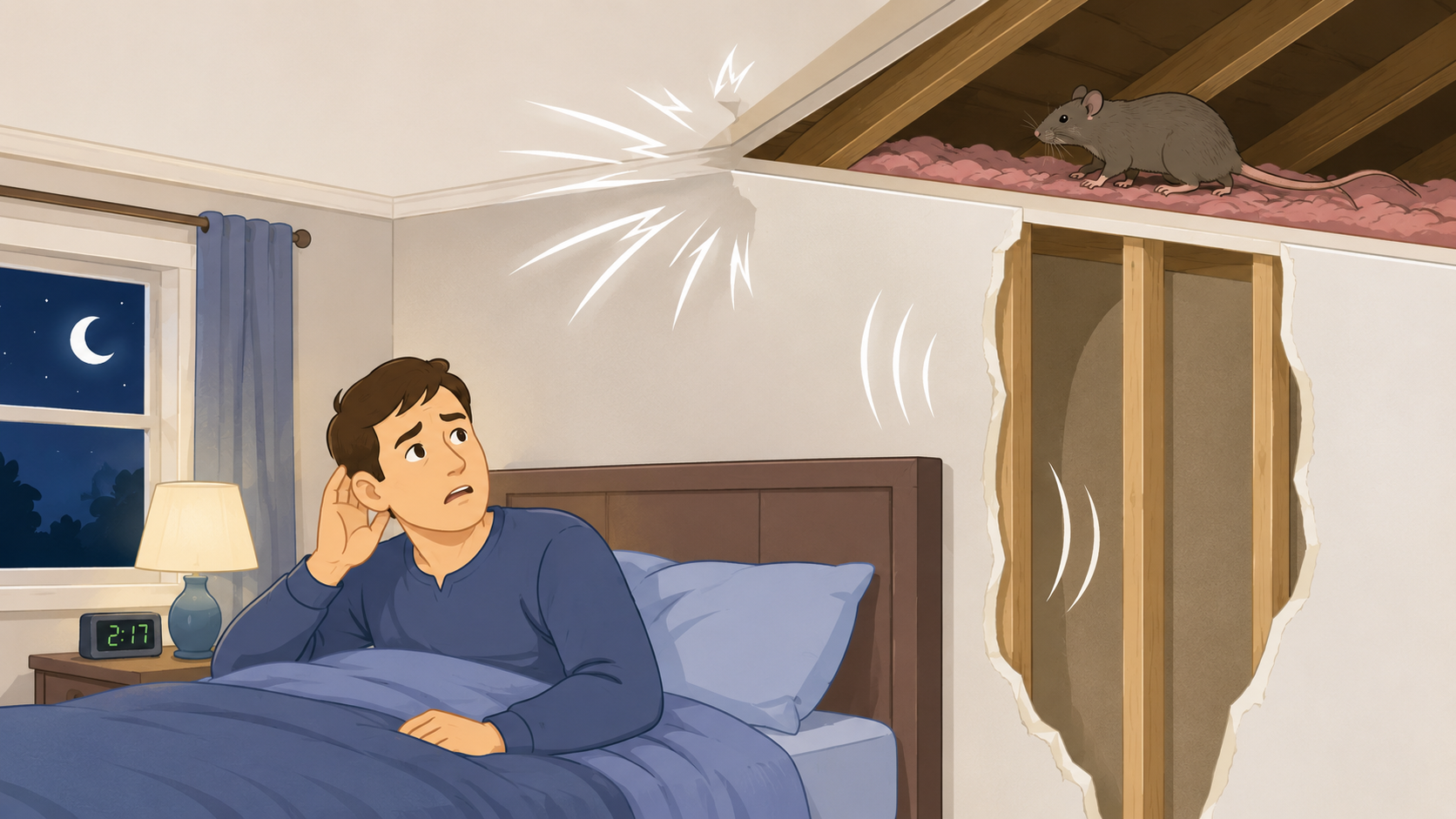 Illustration of scratching noises caused by rodents in attic walls at night