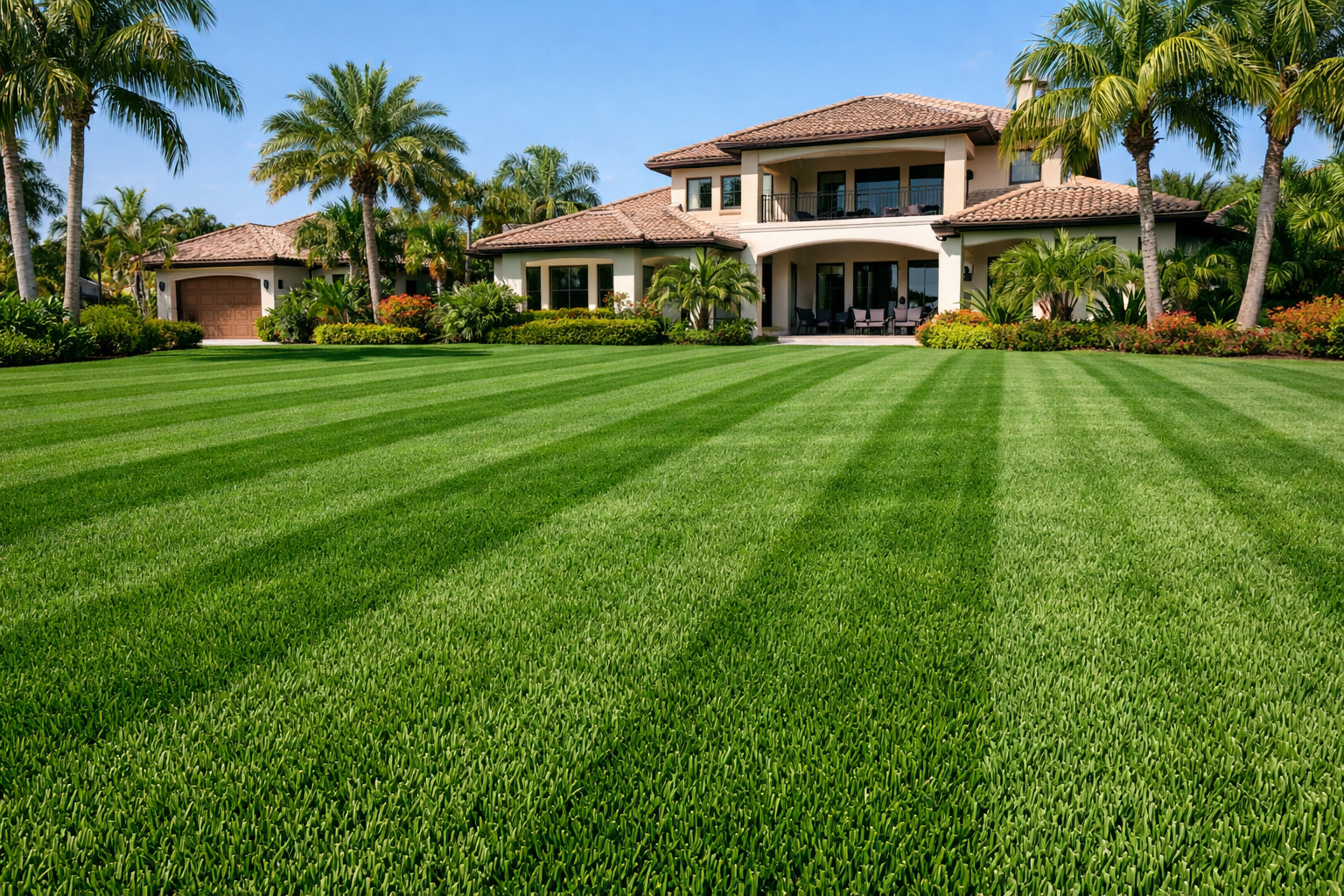 Lush green lawn striped by mowing, in front of a large beige house, with palm trees under a blue sky.