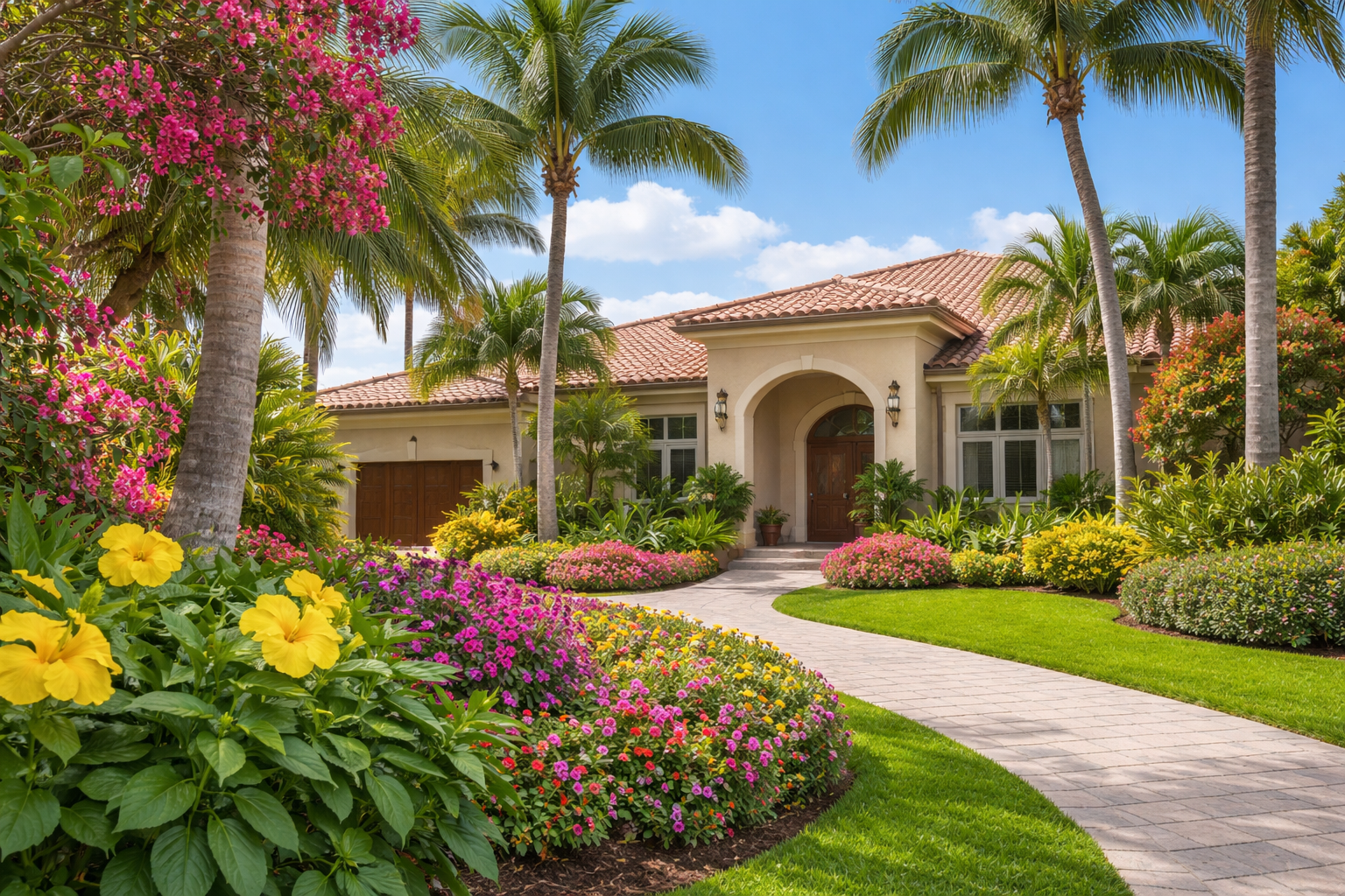 Spring landscaping around a South Florida home with palm trees and flowers in Weston FL