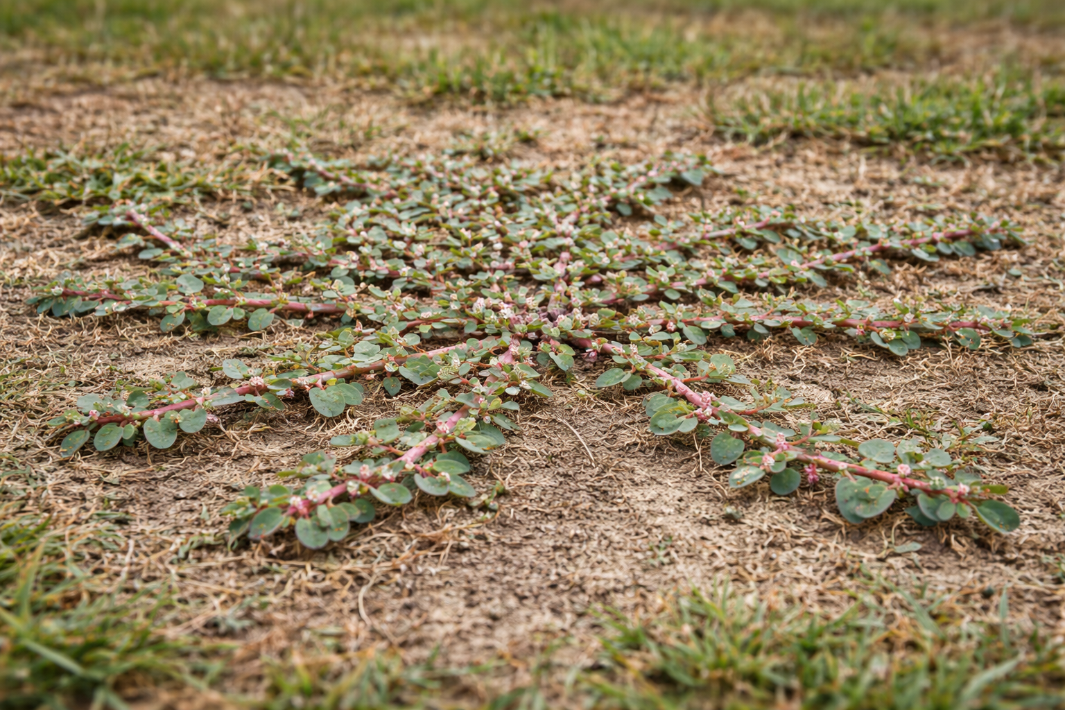 Low-growing weed with small green leaves and pinkish flowers spreading across dry grass and dirt.