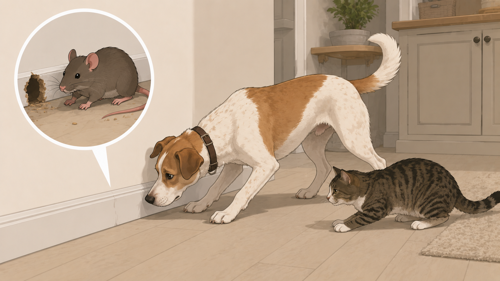 Illustration of a dog and cat reacting to rodent activity inside a home wall