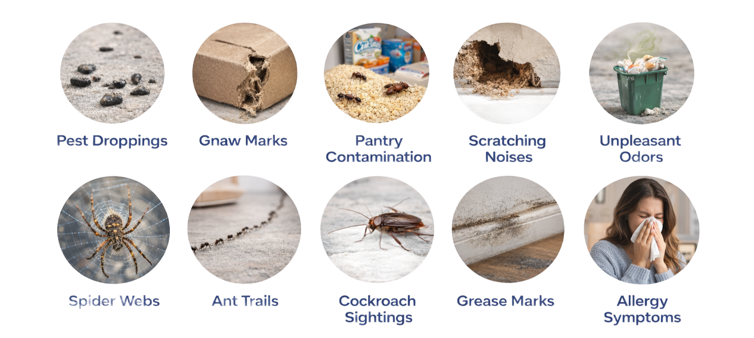 Top 10 signs of a pest problem in your home infographic showing droppings, ant trails, cockroach sightings, spider webs, pantry pests, and rodent activity.
